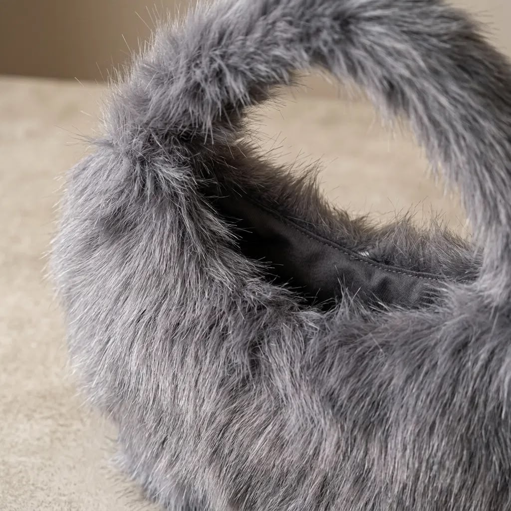 Gri Peluş Kadın El Çantası Yumuşak Tüylü Astarlı Mini Omuz Çantası - Lisinya
