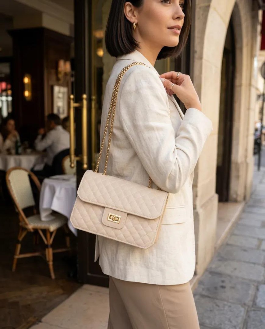 Krem Kapitone Suni Deri Gold Zincirli Omuz Çanta 23×16 cm - Lisinya