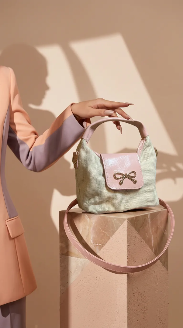 Fiyonk detaylı çanta pembe - krem - Lisinya Fiyonk detaylı çanta pembe - krem - Lisinya