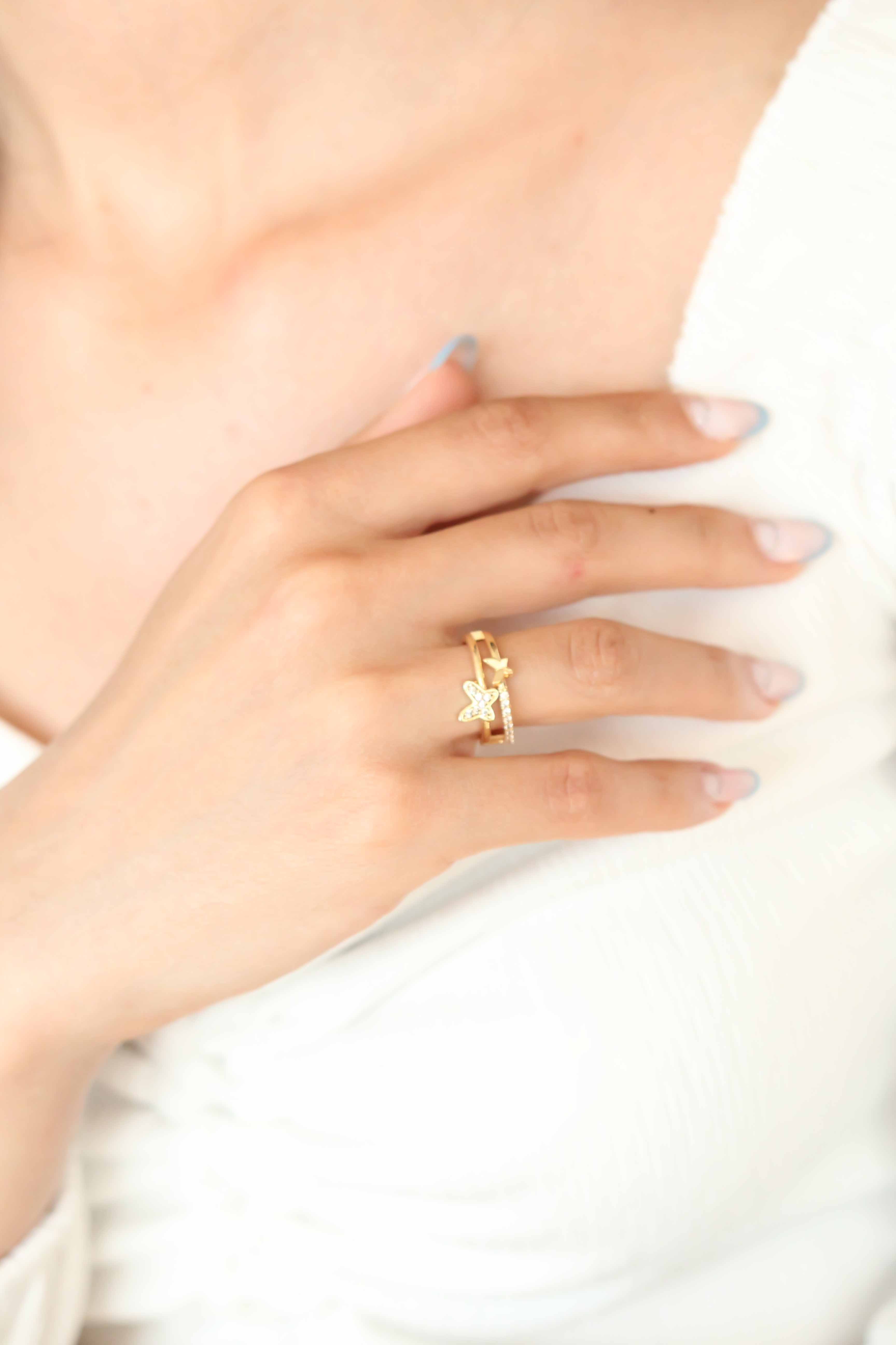 Zirkon Taşlı Altın Kaplama Kelebek Kadın Yüzük - Lisinya