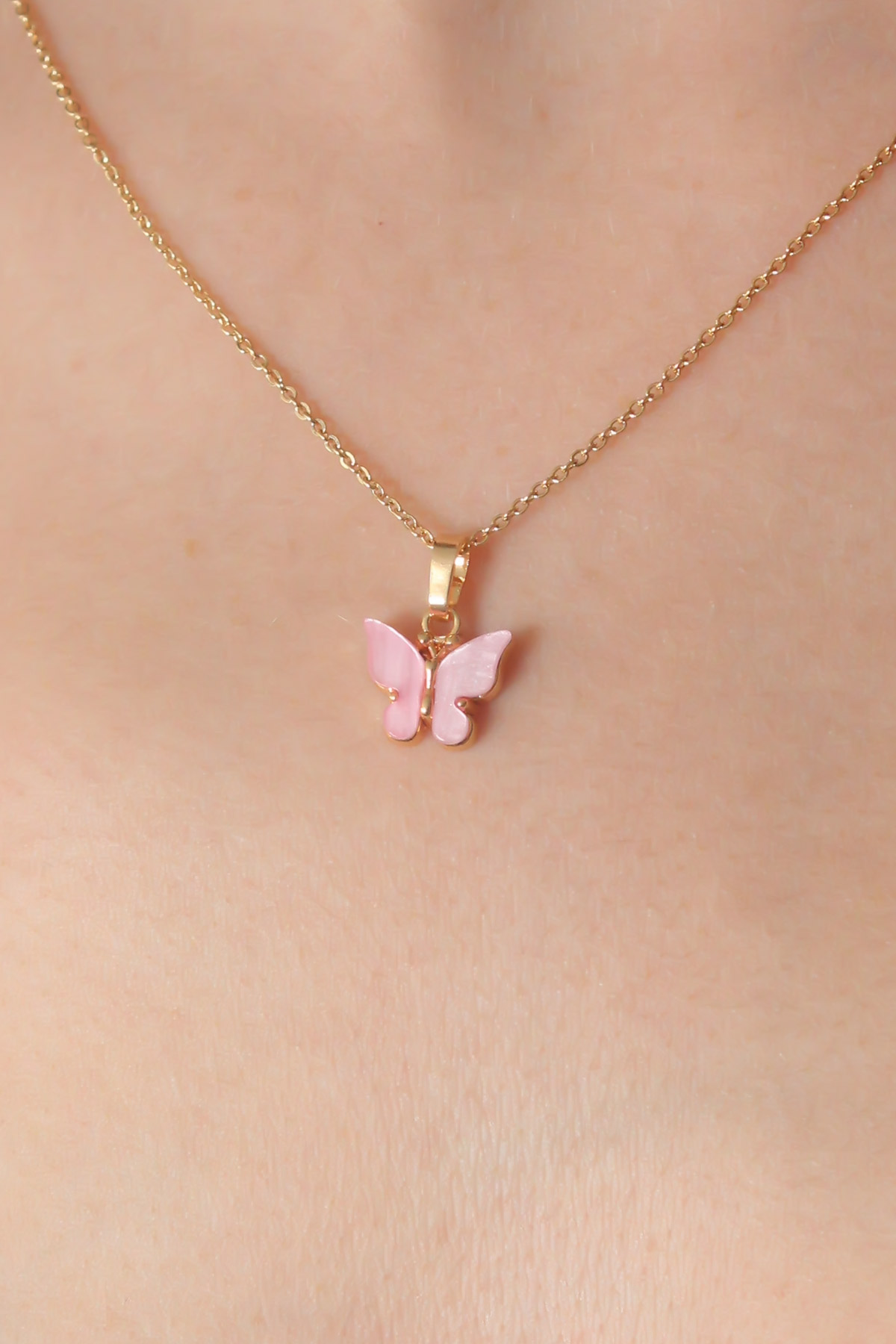 Gold Pembe Renk Kelebek Figür Kadın Kolye - Lisinya