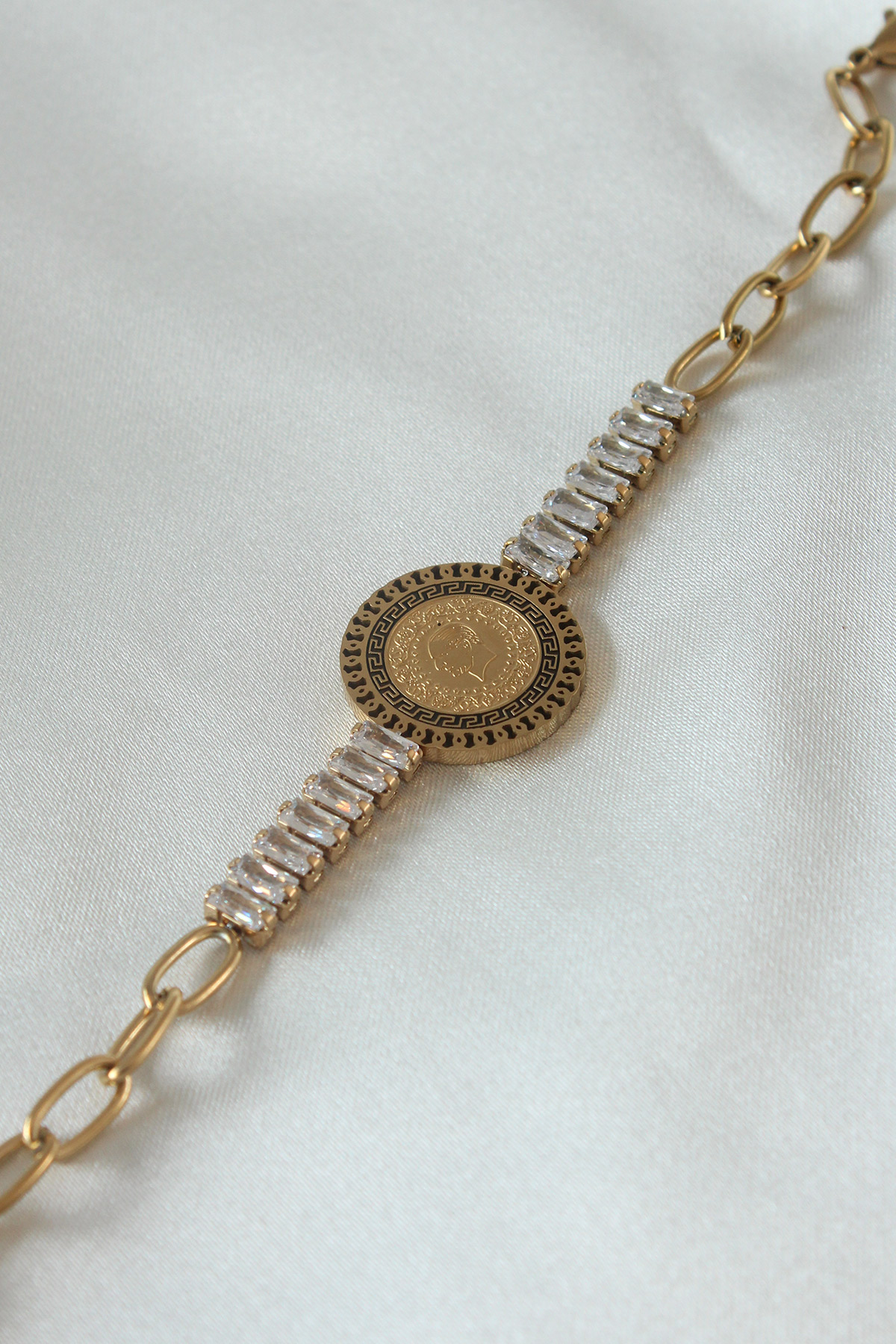 316L Çelik Gold Renk Tam Altın Modelli Zirkon Taşlı Kadın Bileklik - Lisinya