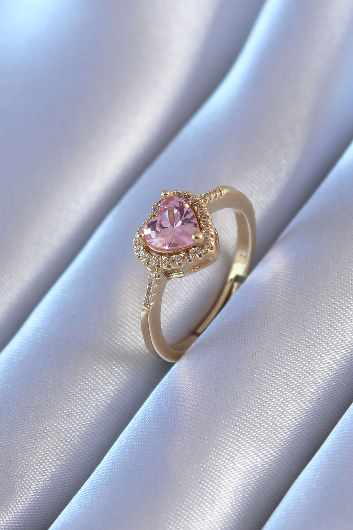 Gold Renk Zirkon Taşlı Kalp Model Pirinç Charm Kadın Yüzük - Lisinya