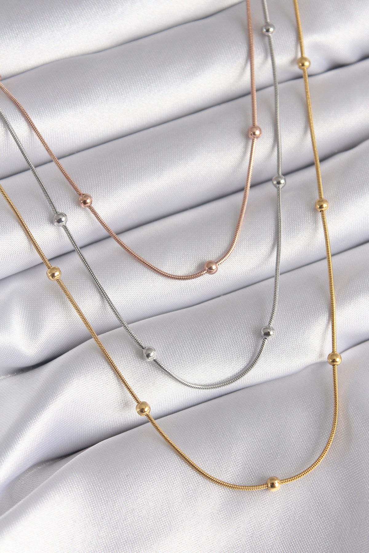 316L Çelik Mix Renk 3'lü Topçuk Detay Kadın Kolye - Lisinya