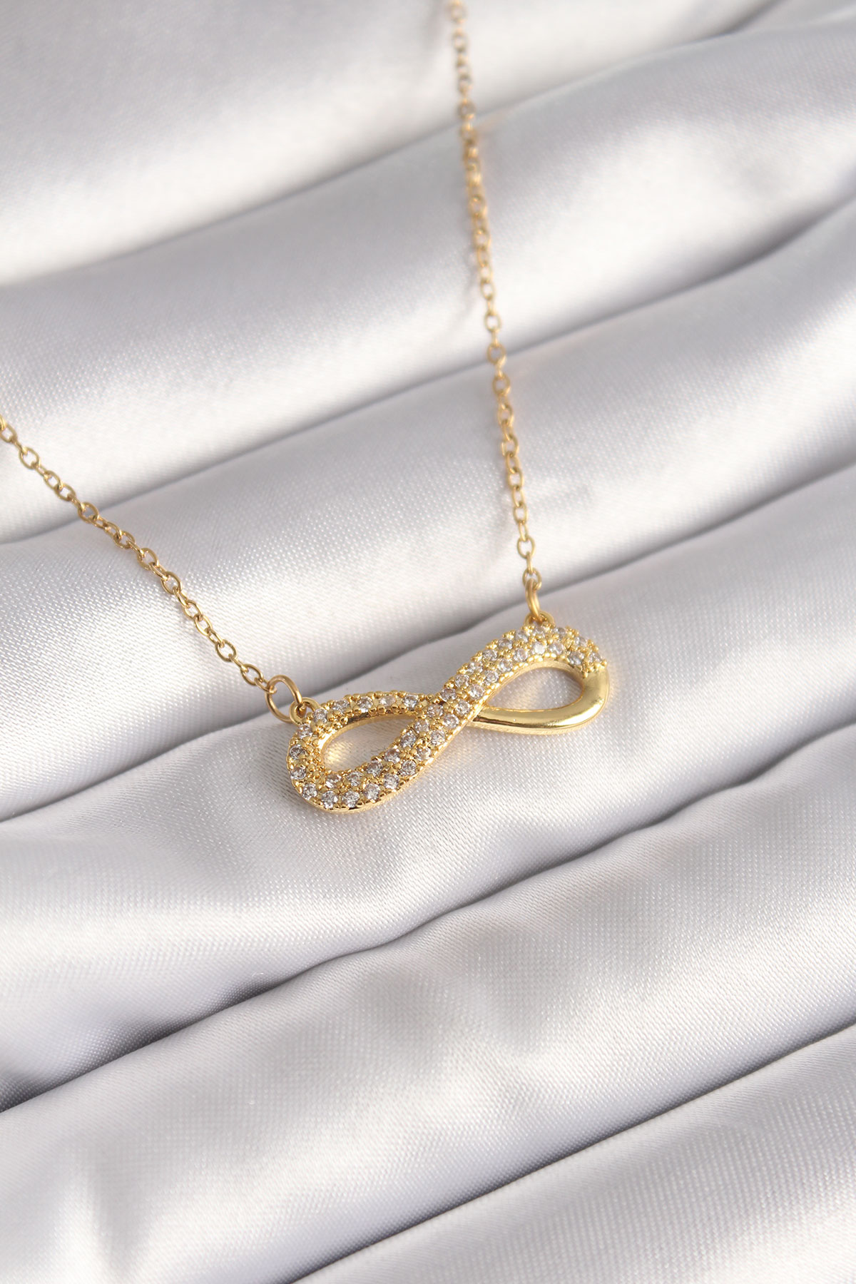 316L Çelik Gold Renk Zincir Zirkon Taşlı Sonsuzluk Model Kadın Kolye - Lisinya