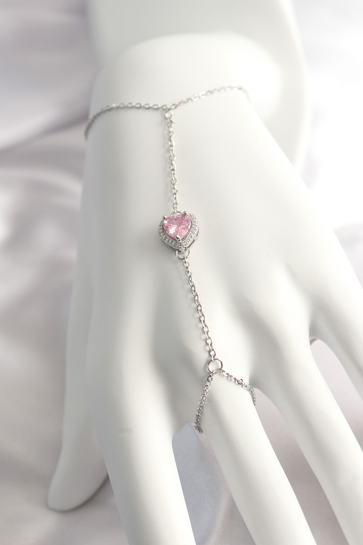 316L Çelik Gümüş Renk Pembe Zirkon Taşlı Kalp Şahmeran - Lisinya