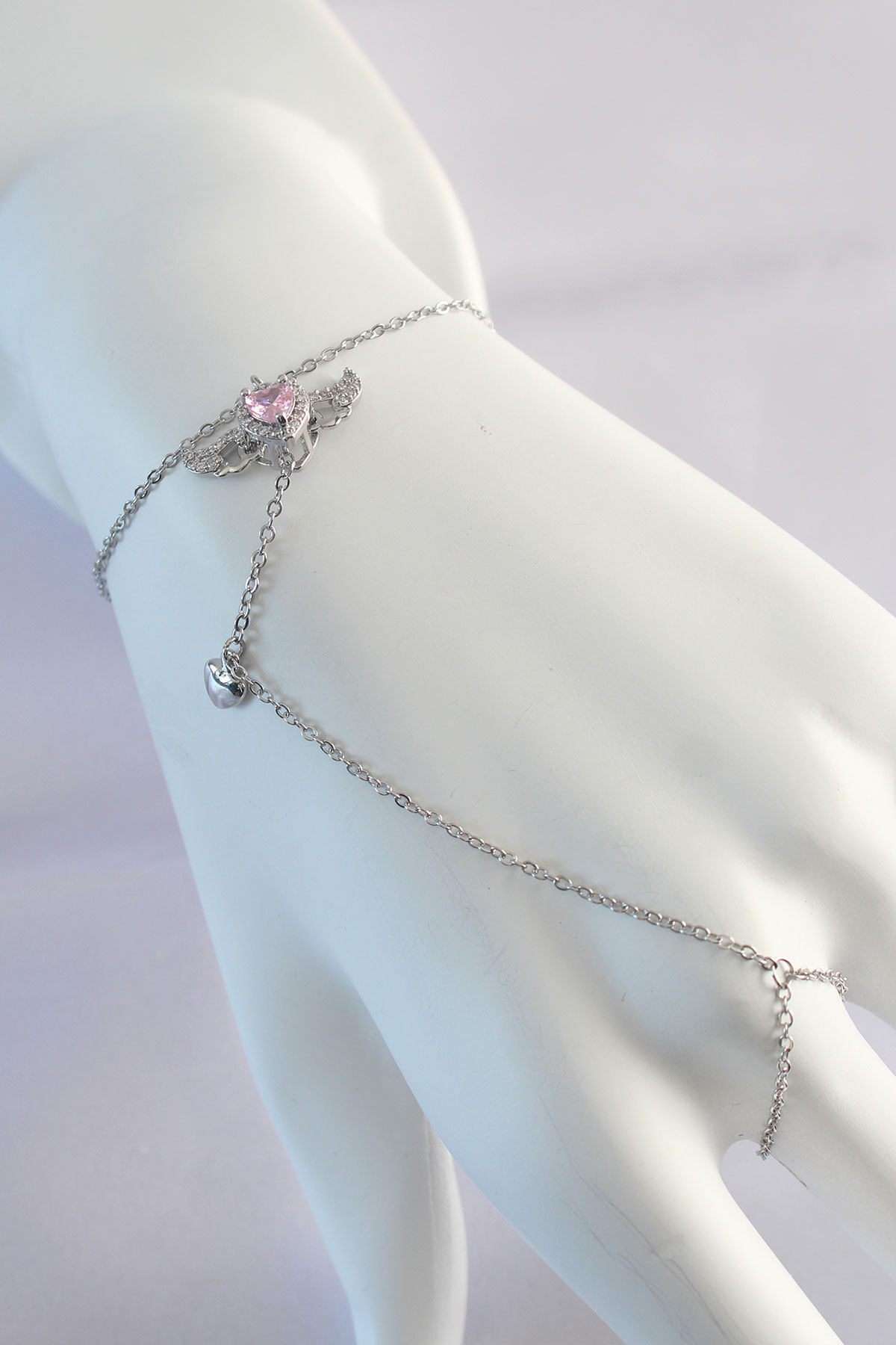 316L Çelik Gümüş Renk Pembe Zirkon Taşlı Kanatlı Kalp Model Şahmeran - Lisinya