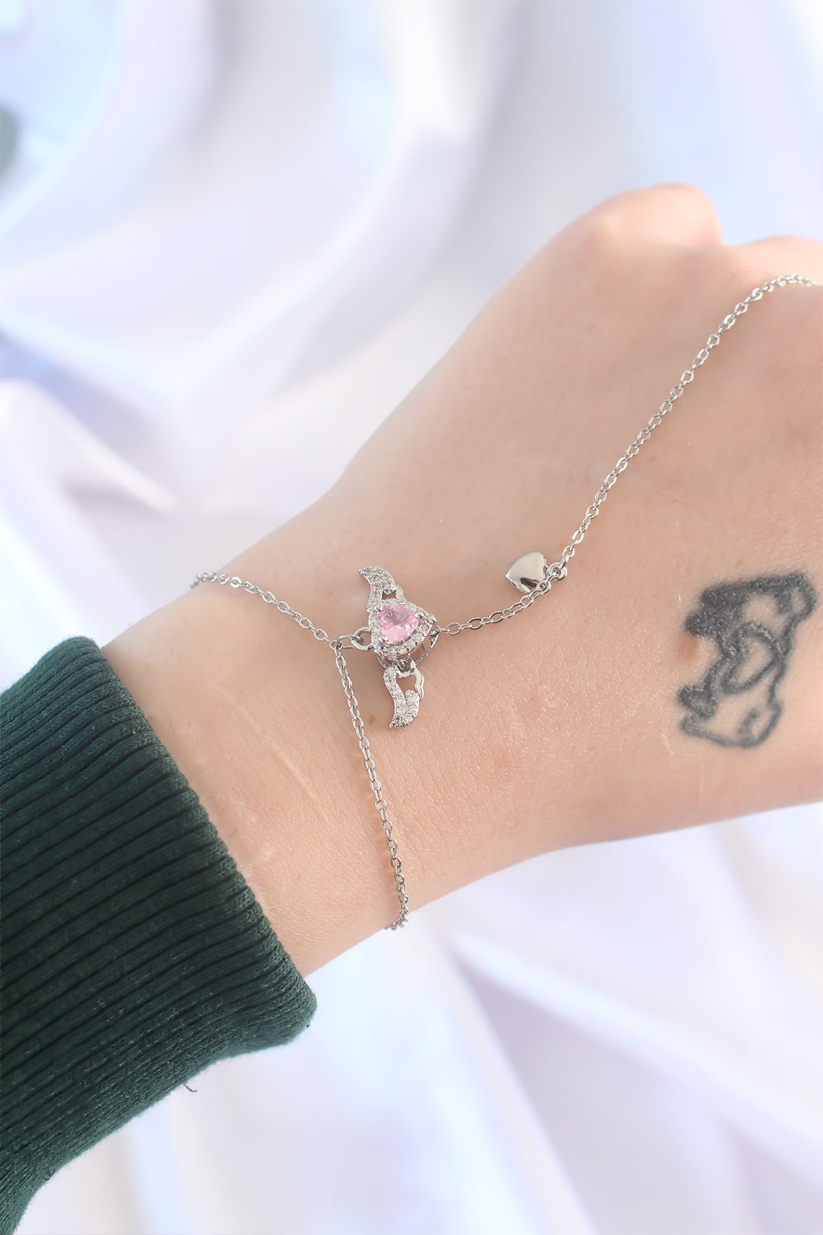 316L Çelik Gümüş Renk Pembe Zirkon Taşlı Kanatlı Kalp Model Şahmeran - Lisinya