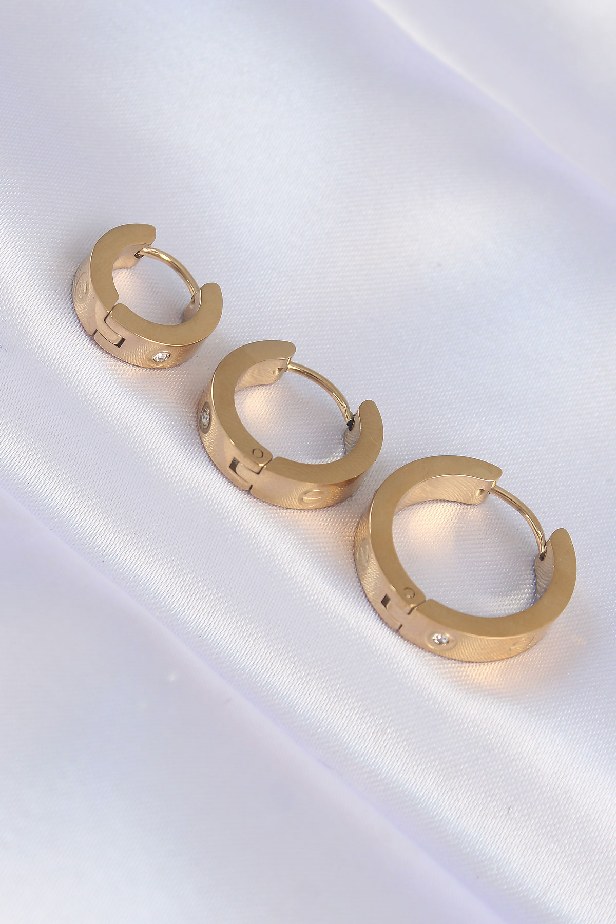 316L Çelik Gold Renk Zirkon Taşlı Model 3lü Halka Küpe - Lisinya