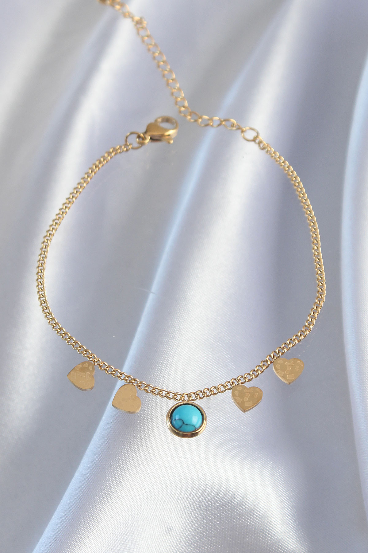 316L Çelik Gold Renk Minimal Kalpli Mavi Taş Detaylı Bileklik - Lisinya