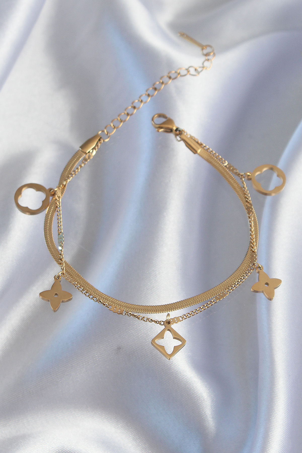 316L Çelik Gold Renk Çift Zincir Yonca Tasarım Bileklik - Lisinya