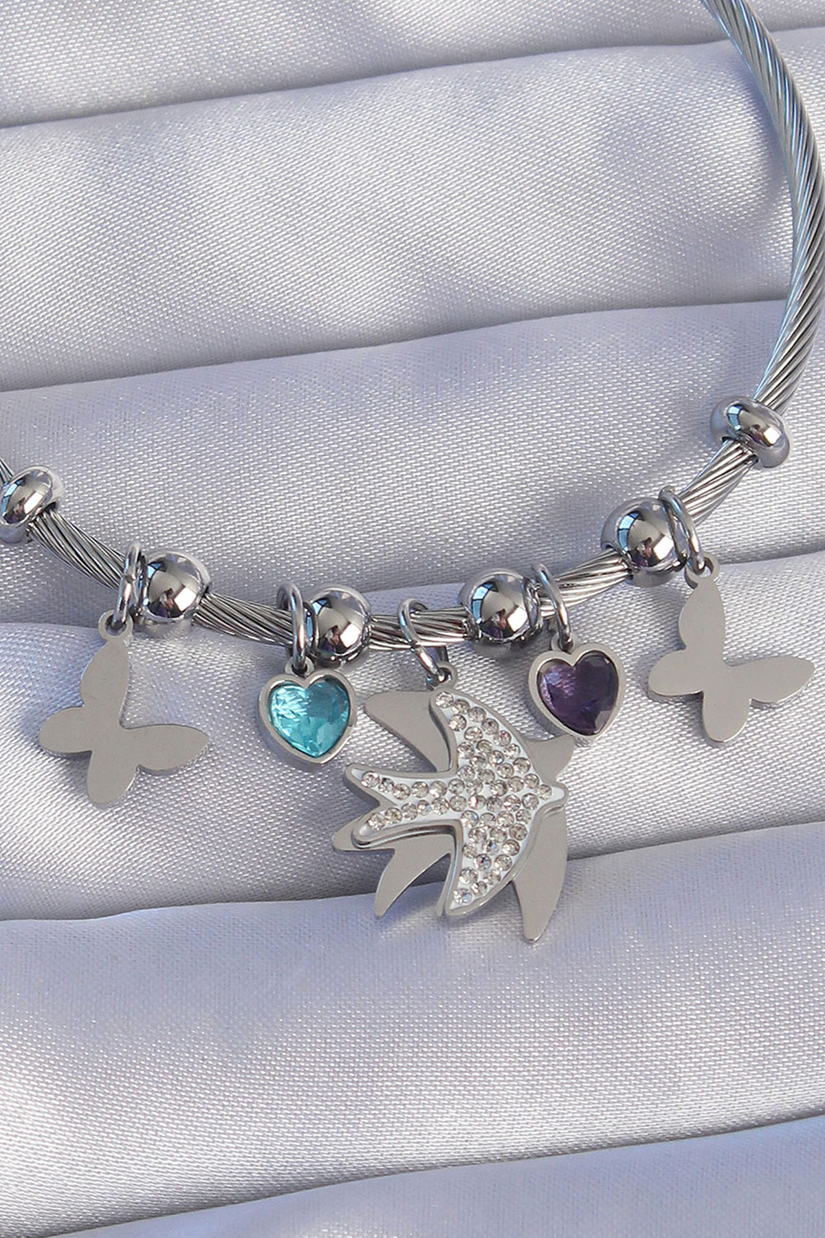 316L Çelik Gümüş Renk Zirkon Taşlı Kuş Tasarımlı Kelebek Detay Charm Bileklik - Lisinya 316L Çelik Gümüş Renk Zirkon Taşlı Kuş Tasarımlı Kelebek Detay Charm Bileklik - Lisinya