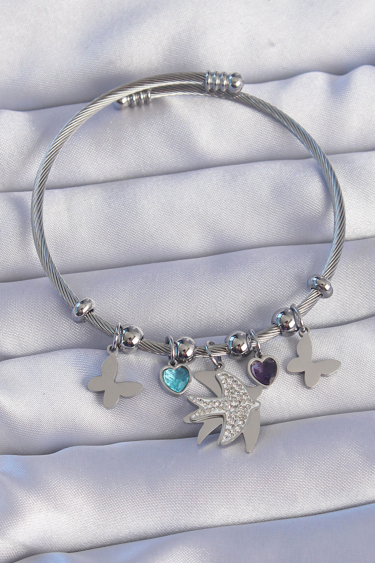 316L Çelik Gümüş Renk Zirkon Taşlı Kuş Tasarımlı Kelebek Detay Charm Bileklik - Lisinya