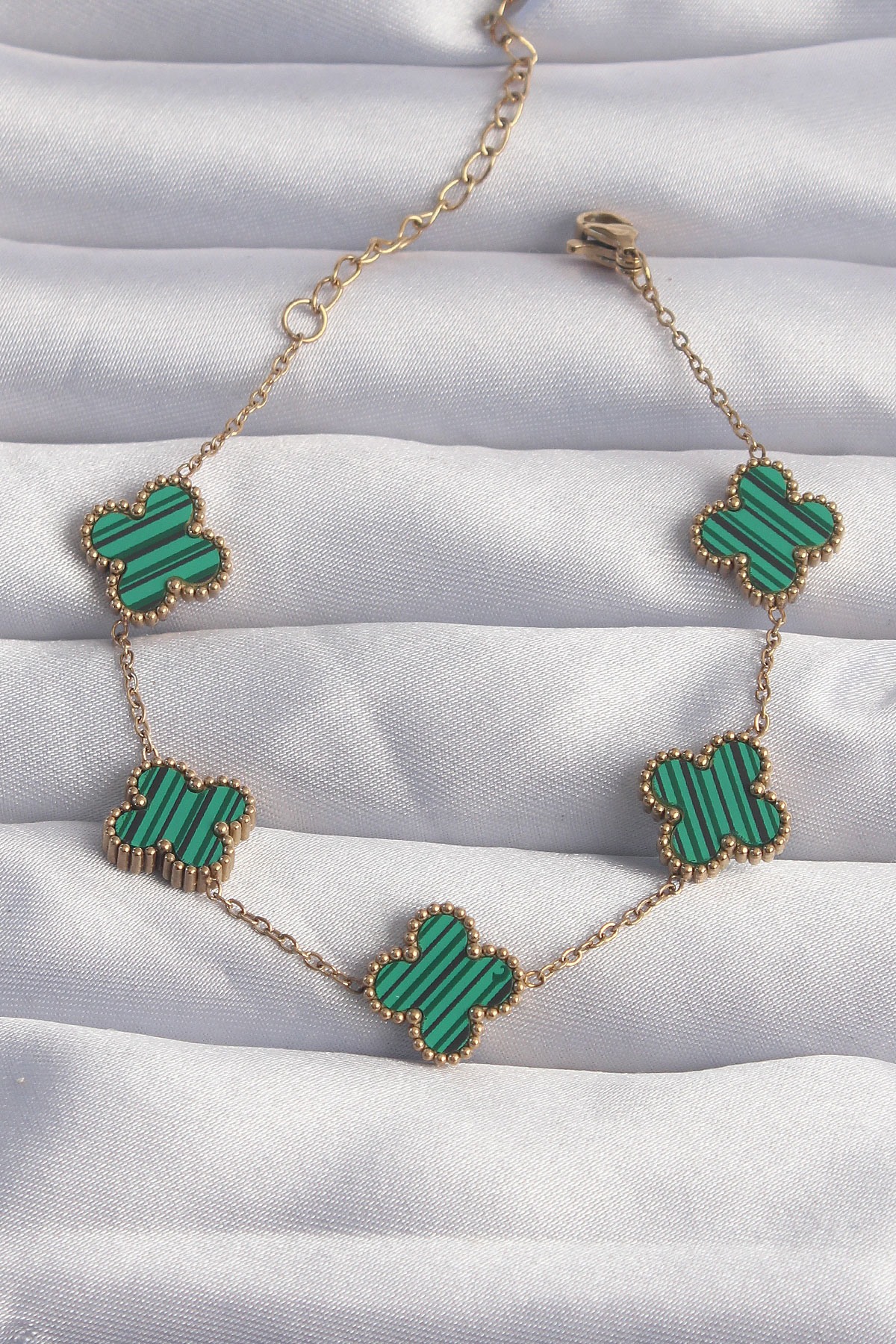 316L Çelik Gold Renk Çizgili Yeşil Mineli Yonca Bileklik - Lisinya