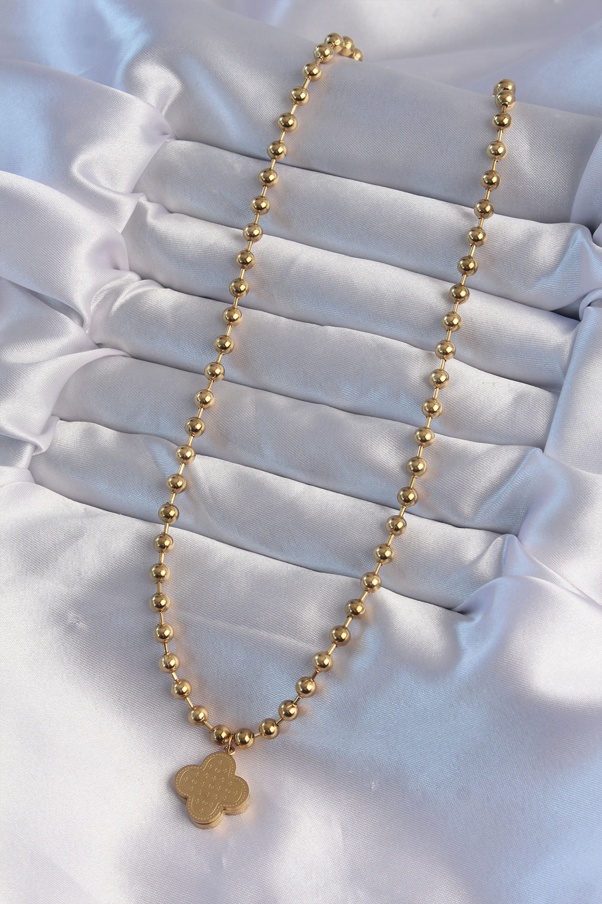 316L Çelik Top Zincirli Gold Renk İşlemeli Yonca Model Kolye - Lisinya 316L Çelik Top Zincirli Gold Renk İşlemeli Yonca Model Kolye - Lisinya