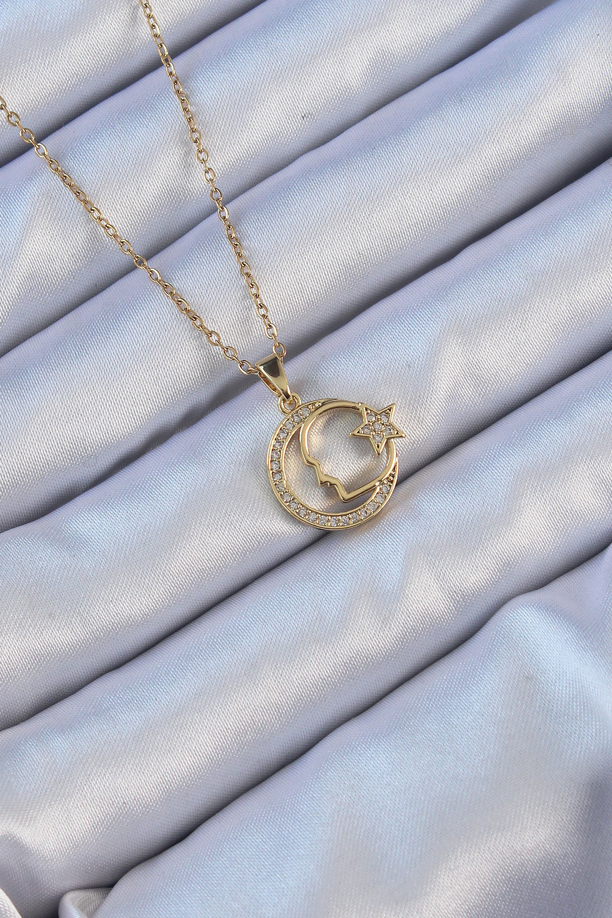 316L Çelik Zincir Altın Renk Zirkon Taşlı Ay Yıldız Simgeli Atatürk Kolye - Lisinya