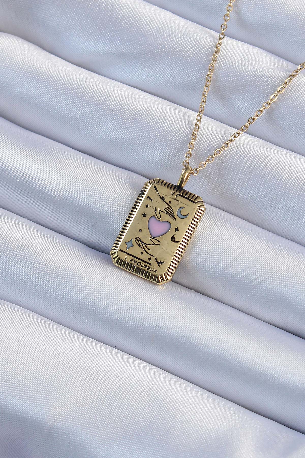 316L Çelik Zincir Eskitme Altın Renk Pembe Mineli Kalp Figürlü Tarot Kolye - Lisinya 316L Çelik Zincir Eskitme Altın Renk Pembe Mineli Kalp Figürlü Tarot Kolye - Lisinya