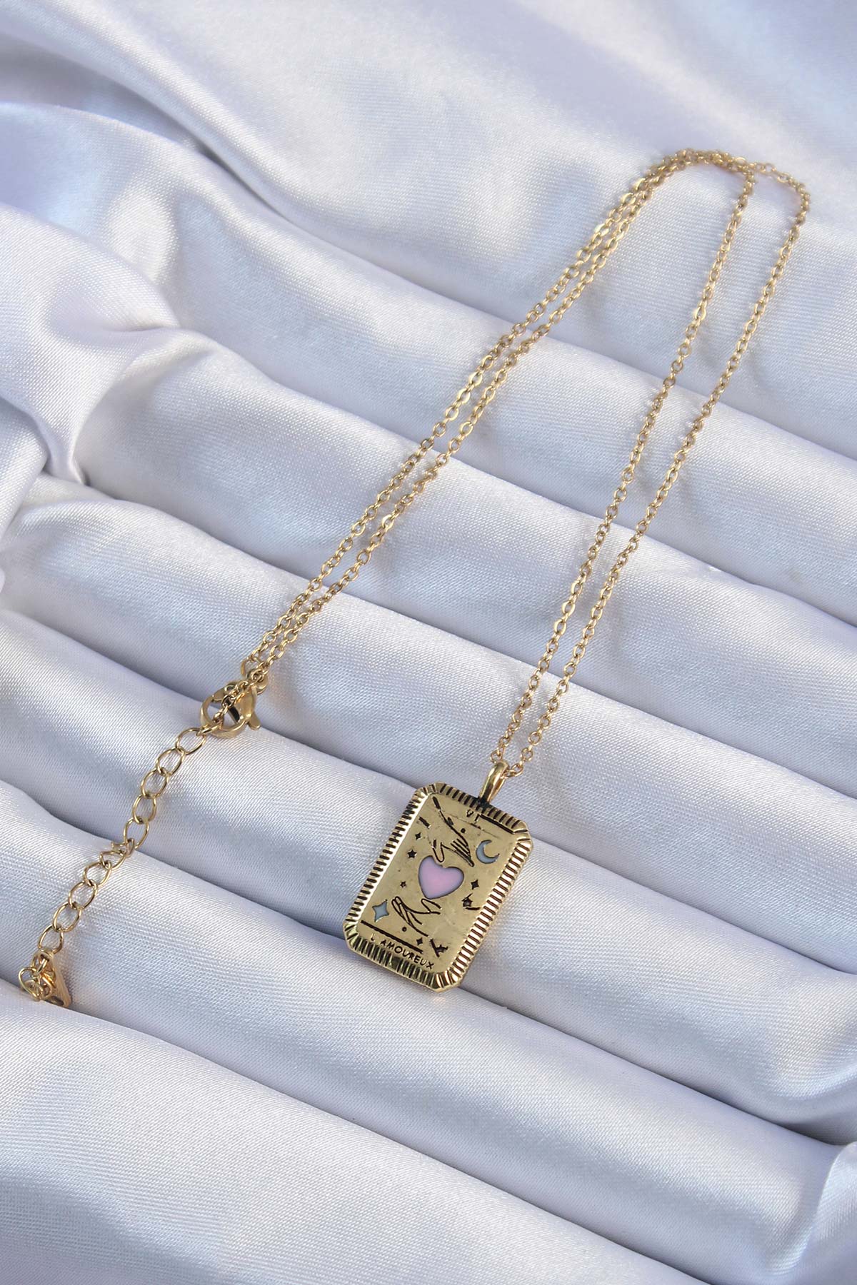 316L Çelik Zincir Eskitme Altın Renk Pembe Mineli Kalp Figürlü Tarot Kolye - Lisinya 316L Çelik Zincir Eskitme Altın Renk Pembe Mineli Kalp Figürlü Tarot Kolye - Lisinya