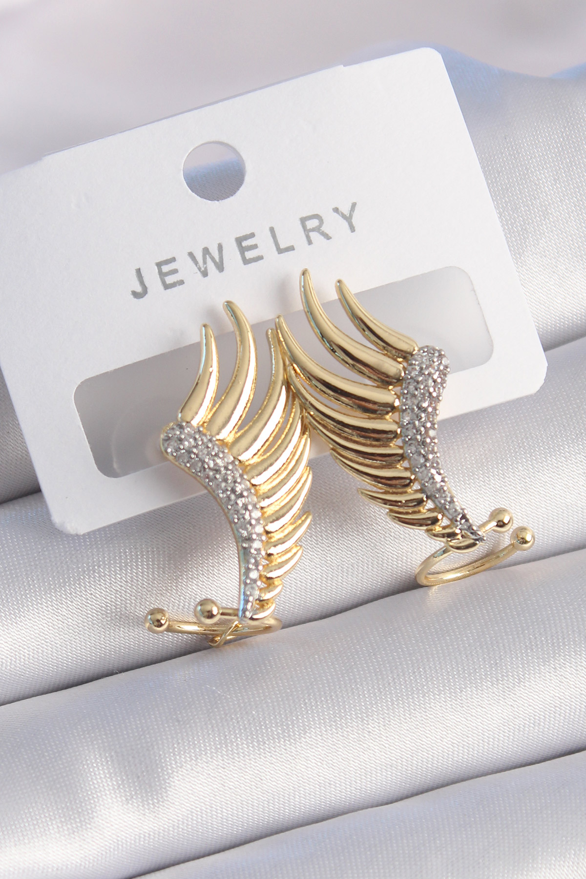 Pirinç Gold Renk Zirkon Taşlı Kanat Model Kadın Küpe - Lisinya Pirinç Gold Renk Zirkon Taşlı Kanat Model Kadın Küpe - Lisinya