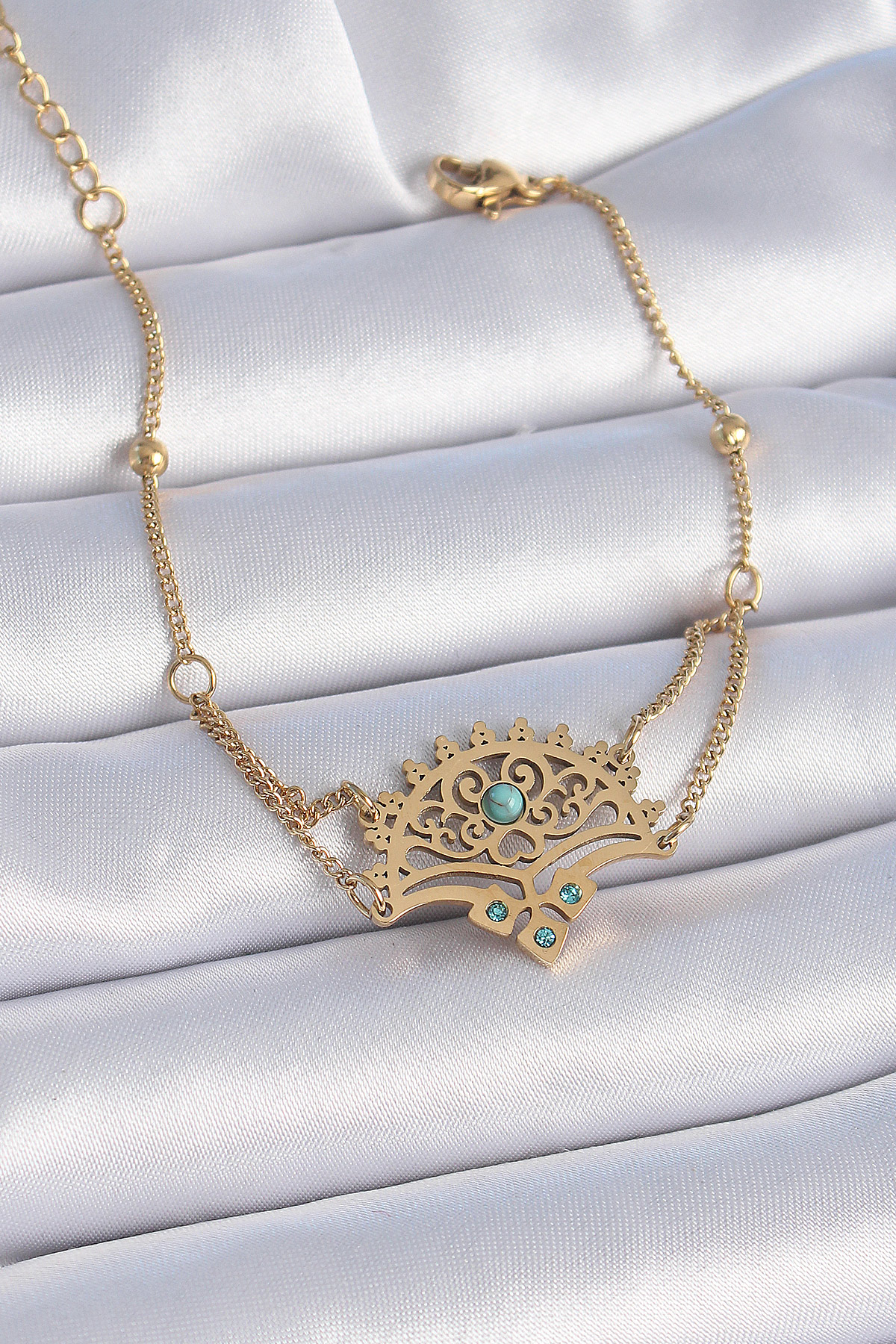 316L Çelik Gold Renk Mavi Taşlı Etnik Desen Kadın Bileklik - Lisinya