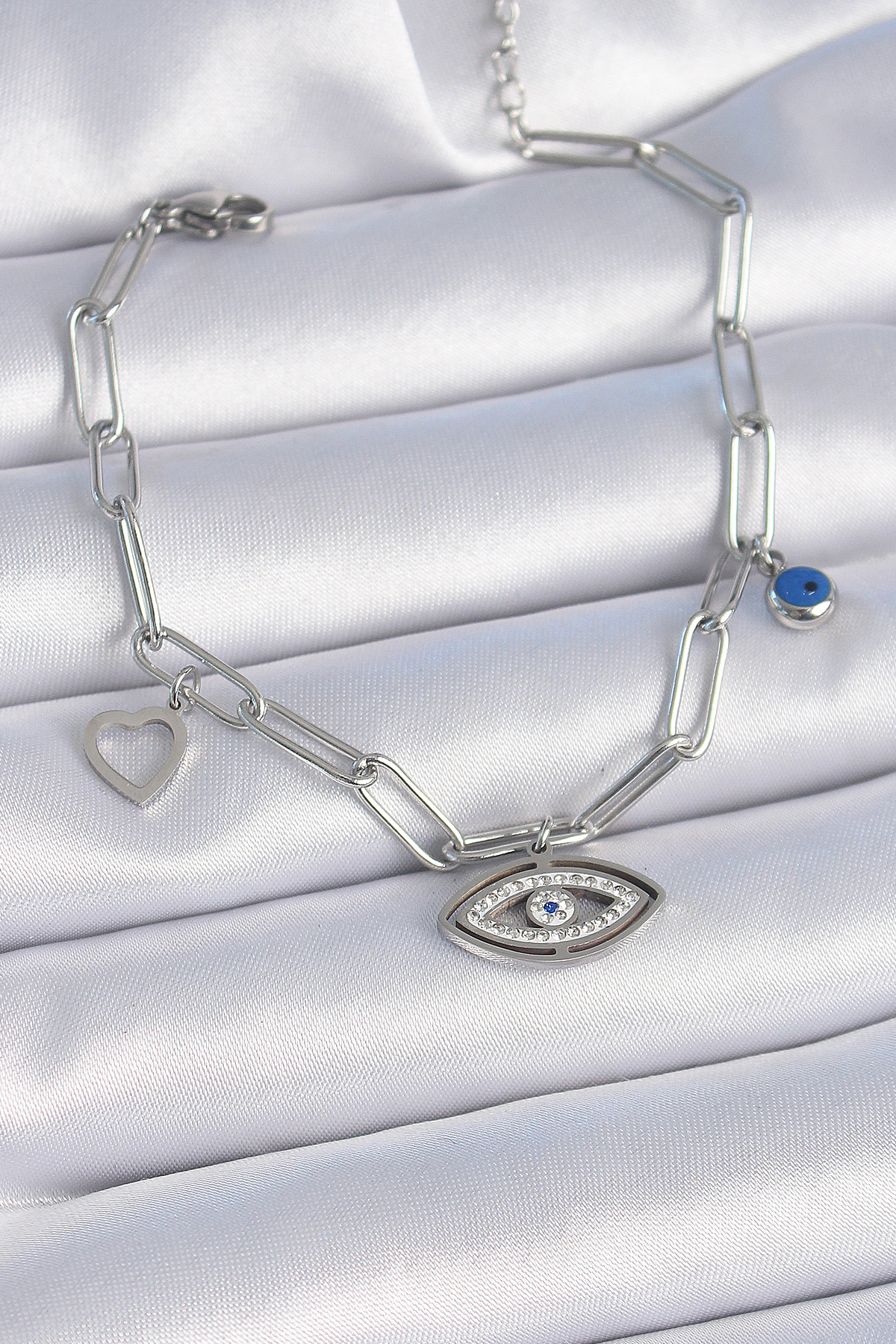 316L Çelik Gümüş Renk Zirkon Taşlı Göz Figür Kalp Detay Kadın Bileklik - Lisinya