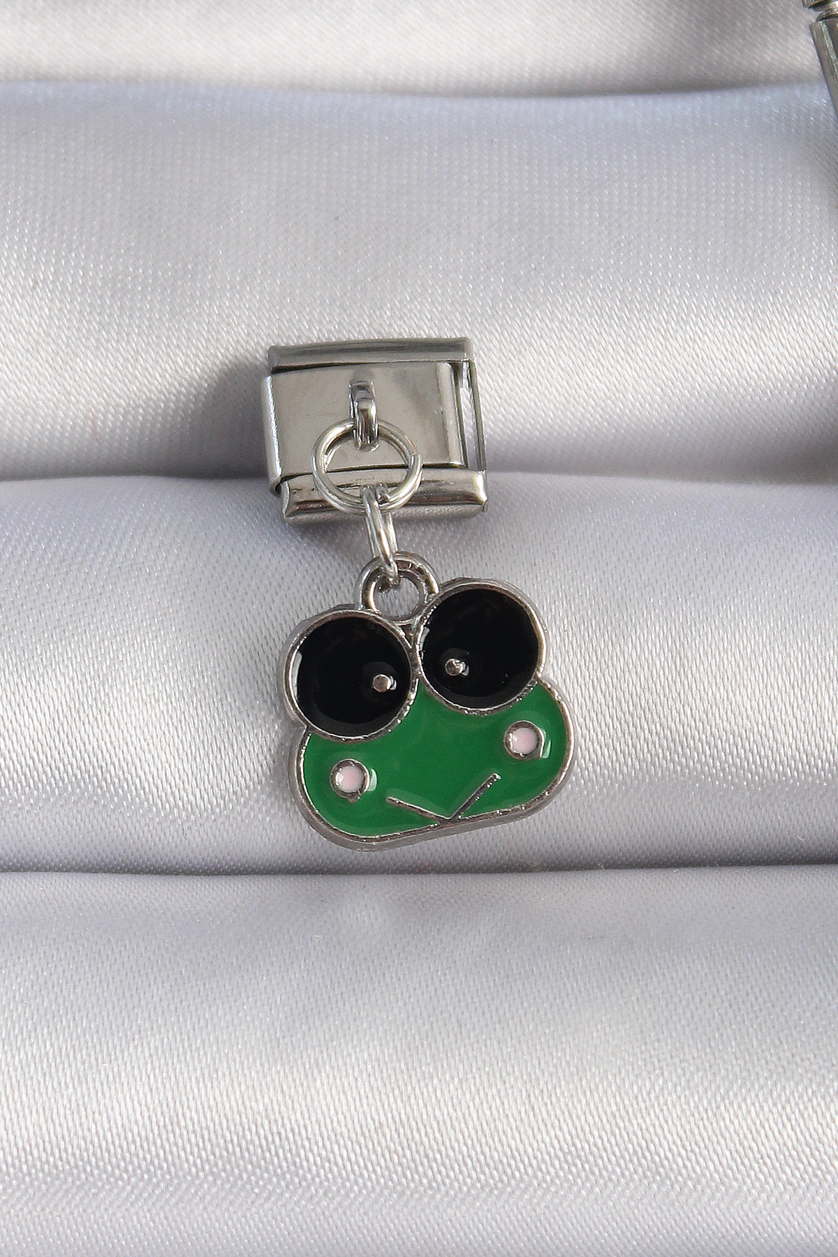 316L Çelik Gümüş Renk Sallantılı Yeşil Kurbağa Figür Nomination Charm - Lisinya