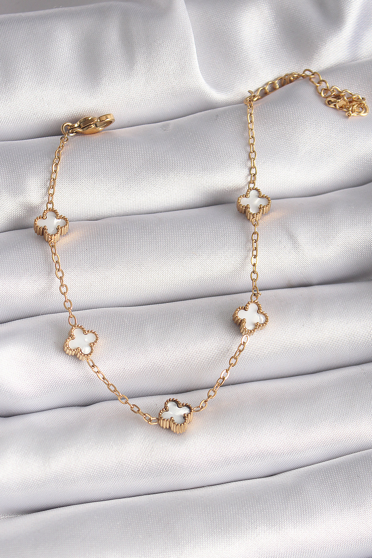 316L Çelik Gold Renk Beyaz Baby Boy Yonca Model Kadın Bileklik - Lisinya