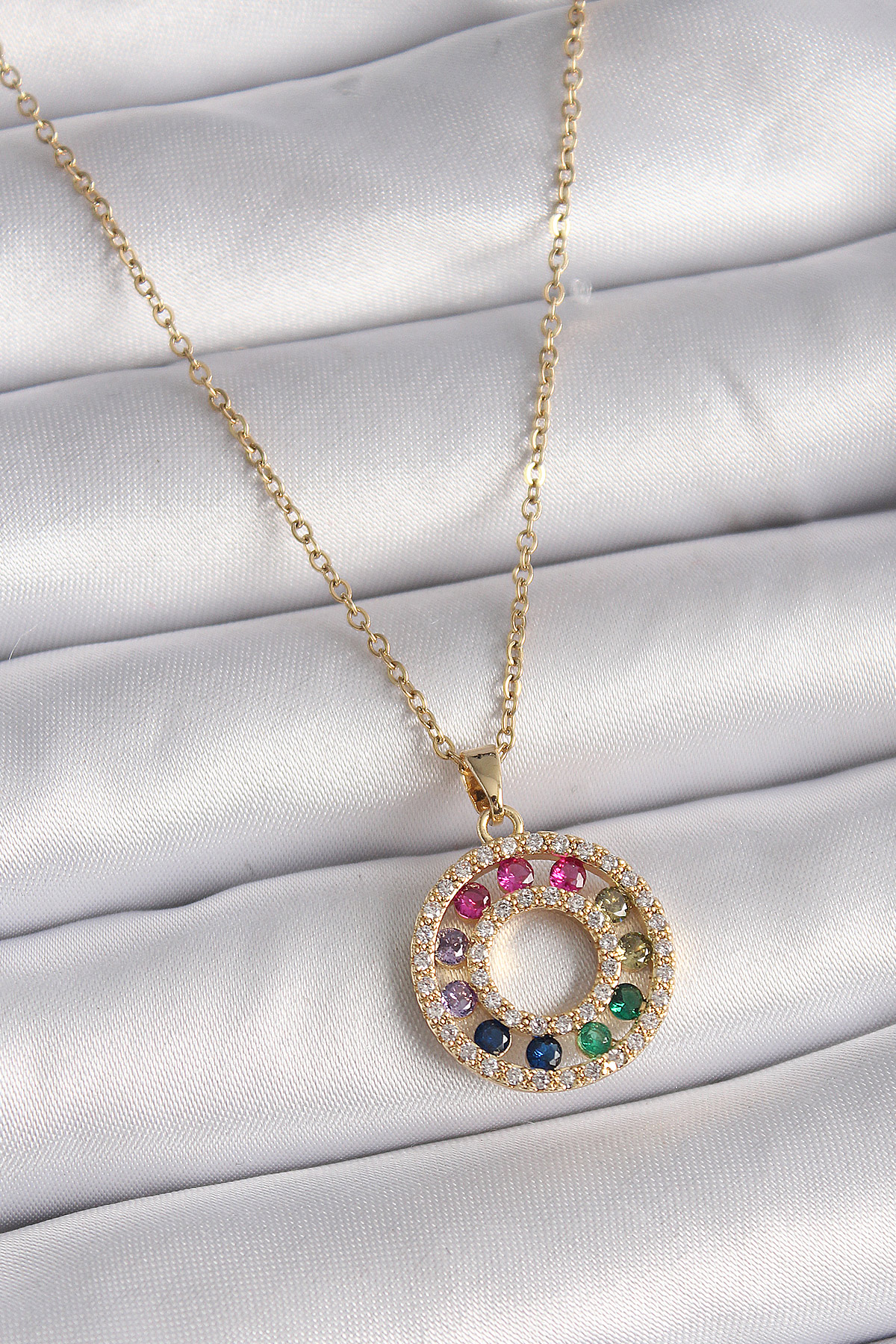 316L Çelik Gold Renk Zincir Renkli Zirkon Taşlı Madalyon Model Kadın Kolye - Lisinya 316L Çelik Gold Renk Zincir Renkli Zirkon Taşlı Madalyon Model Kadın Kolye - Lisinya