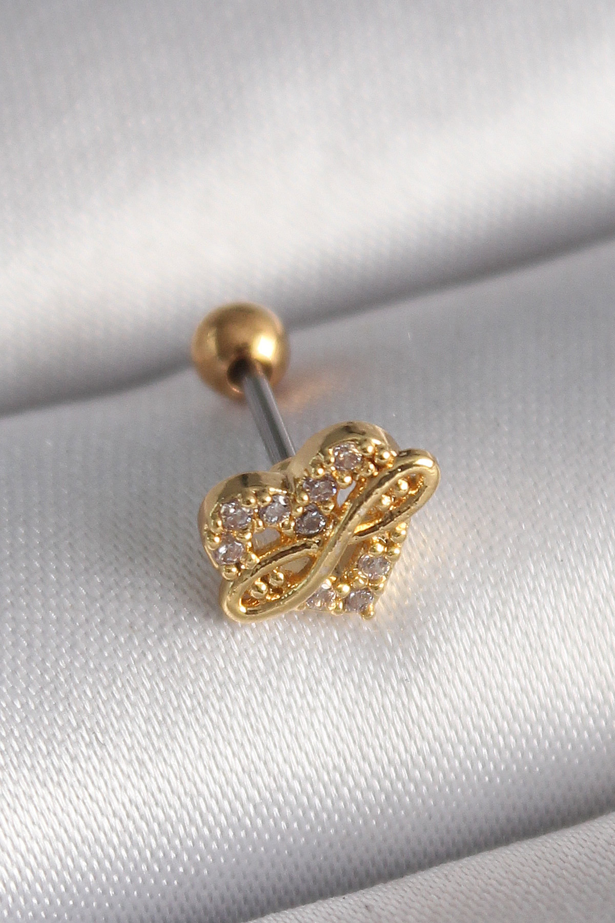 316L Çelik Gold Renk Zirkon Taşlı Kalp Sonsuzluk Detay Tragus Piercing - Lisinya 316L Çelik Gold Renk Zirkon Taşlı Kalp Sonsuzluk Detay Tragus Piercing - Lisinya