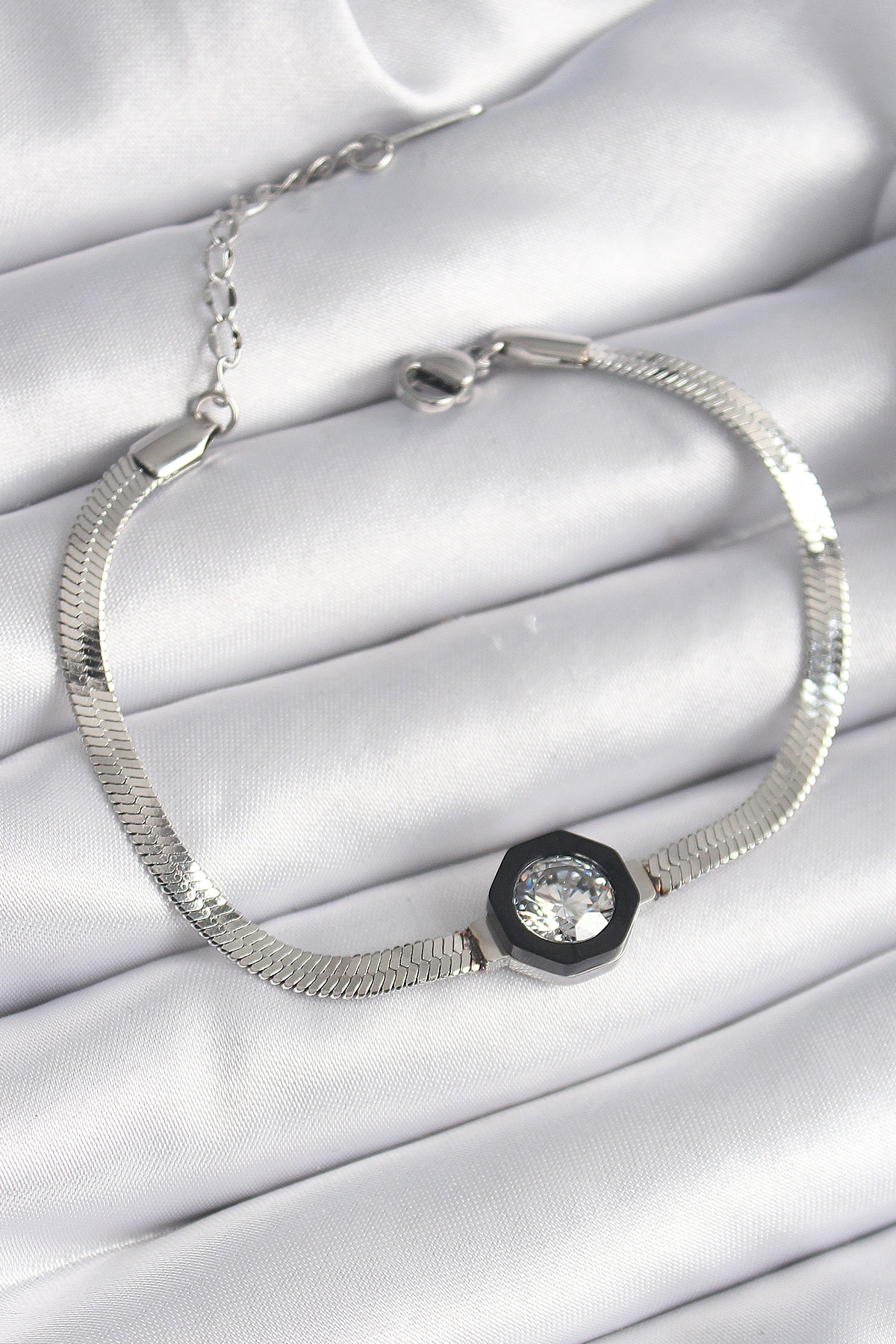 316L Çelik Gümüş Renk Zirkon Taşlı İtalyan Zincir Model Kadın Bileklik - Lisinya