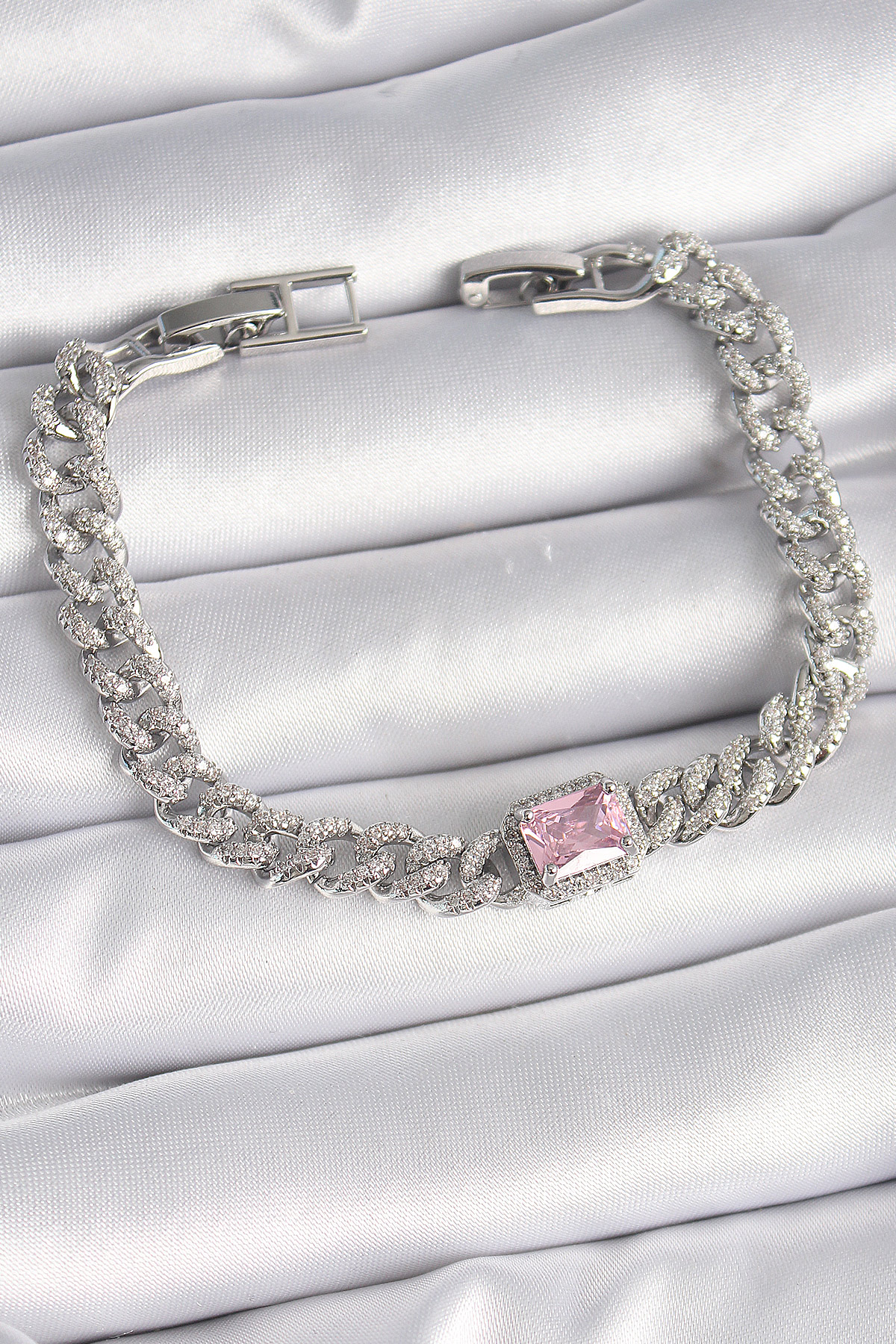 Pirinç Gümüş Renk Pembe Kare Zirkon Taşlı VIP Seri Kadın Bileklik - Lisinya