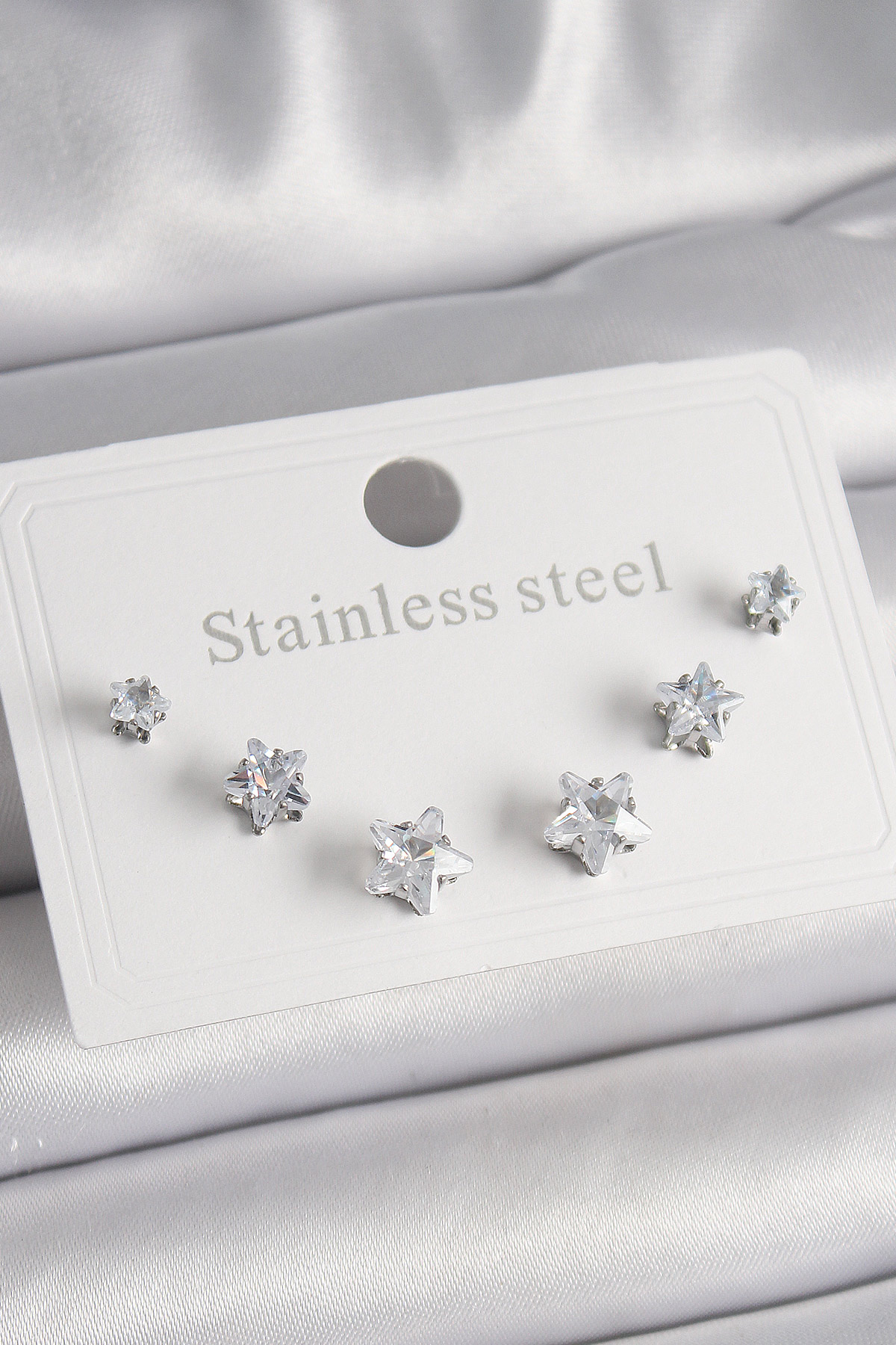 316L Çelik Gümüş Renk Zirkon Taşlı Yıldız Model Kadın Küpe Seti - Lisinya