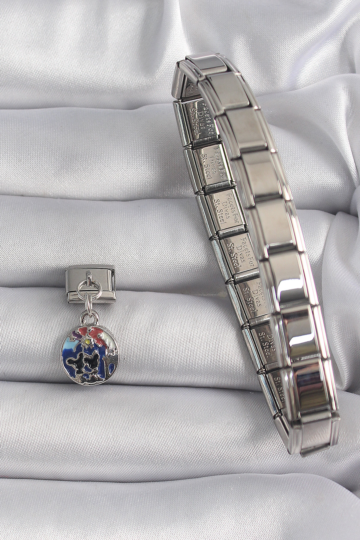 316L Çelik Gümüş Renk Sallantı Dünya Model Nomination Charm - Lisinya