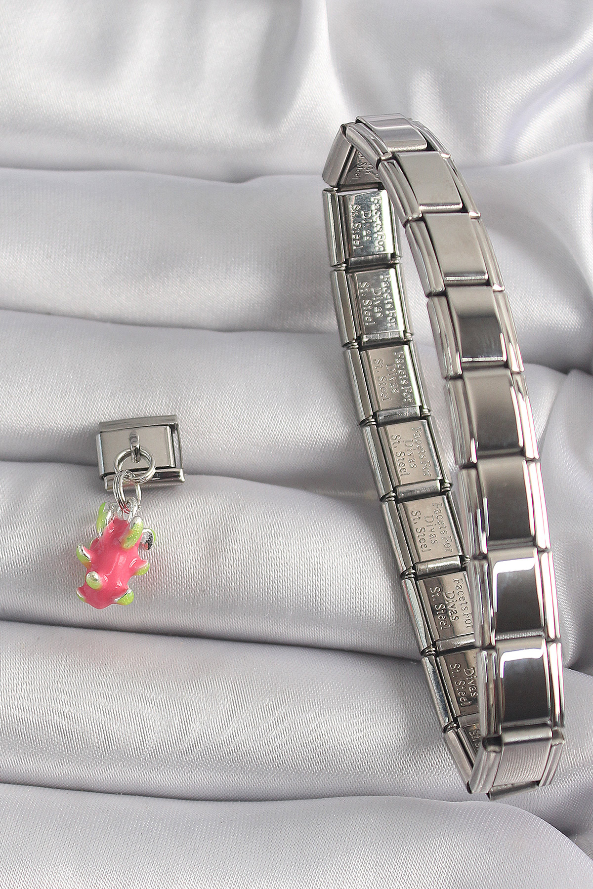 316L Çelik Gümüş Renk Sallantı Ejder Meyvesi Model Nomination Charm - Lisinya