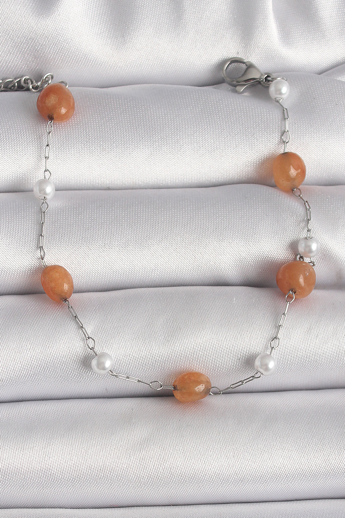 316L Çelik Gümüş Renk Turuncu Doğaltaş Model İnci Detay Kadın Bileklik - Lisinya