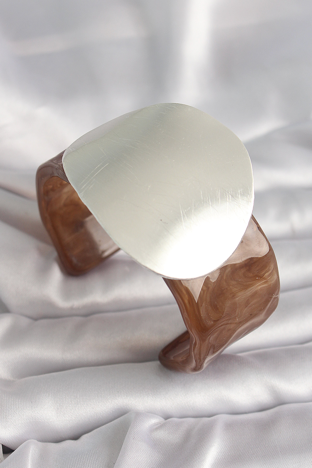 Kahverengi Mermer Desen Akrilik Plastik Gümüş Plaka Model Vintage Kadın Bilezik - Lisinya