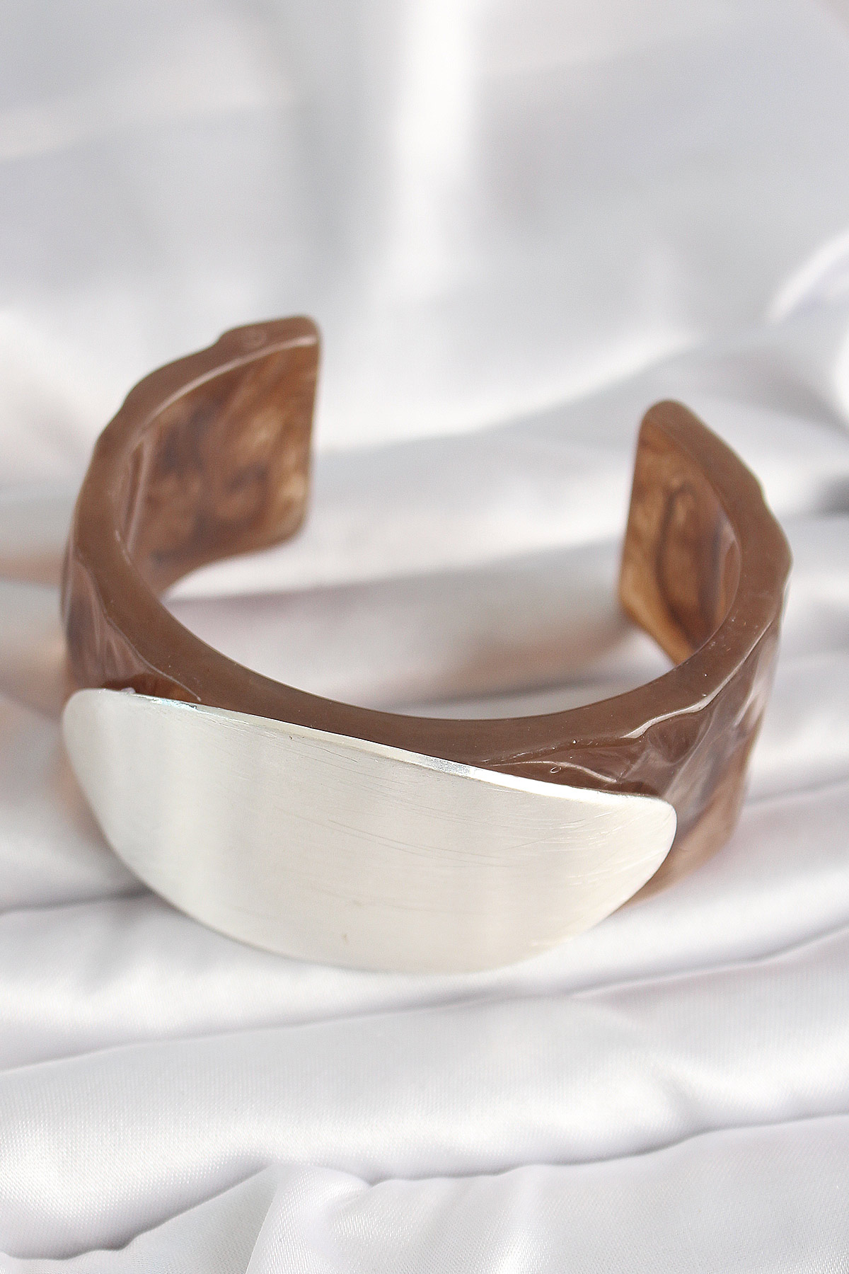 Kahverengi Mermer Desen Akrilik Plastik Gümüş Oval Plaka Model Vintage Kadın Bilezik - Lisinya