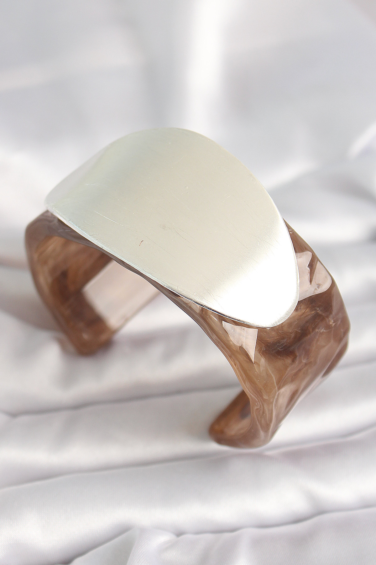 Kahverengi Mermer Desen Akrilik Plastik Gümüş Oval Plaka Model Vintage Kadın Bilezik - Lisinya