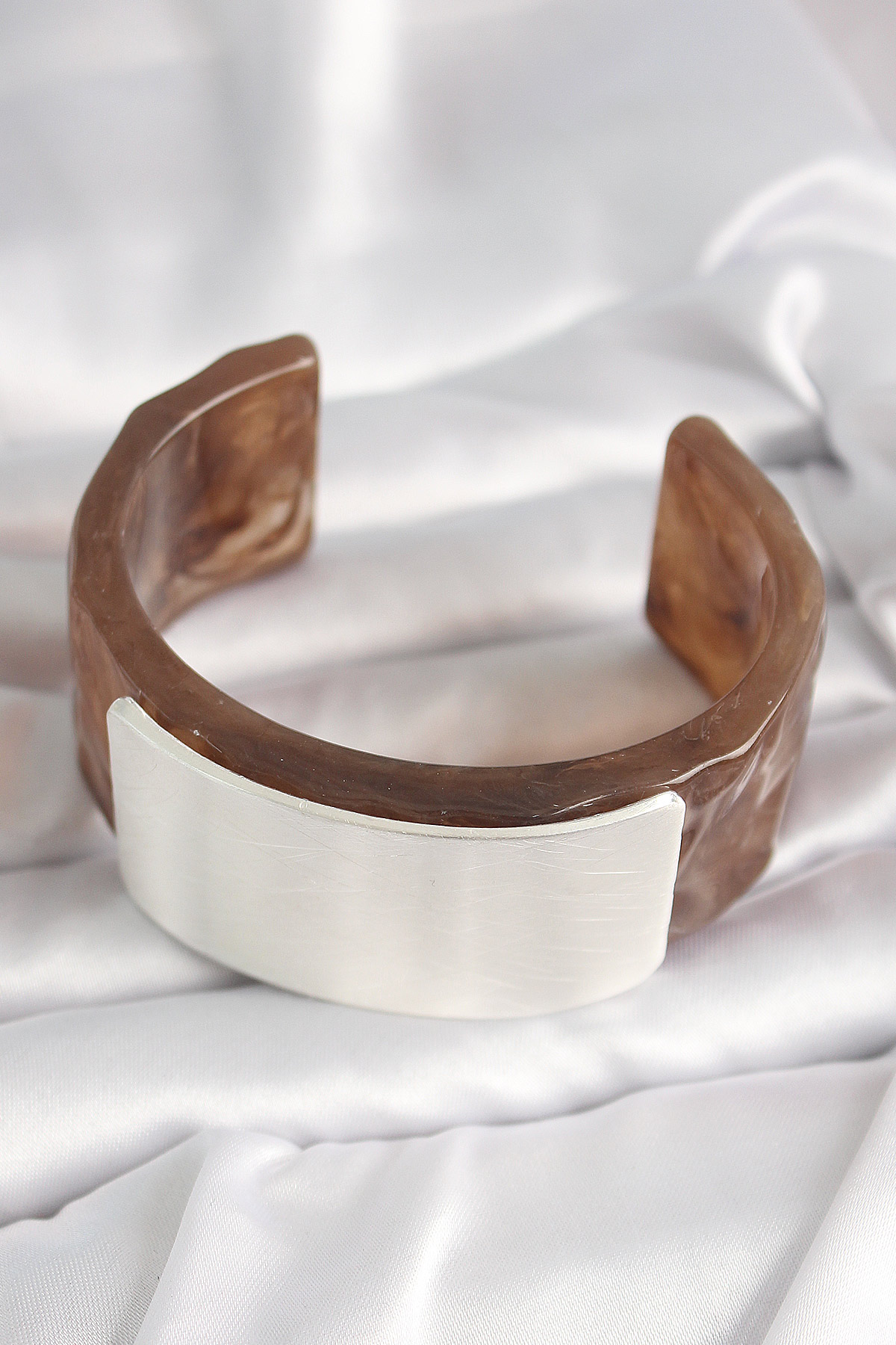 Kahverengi Mermer Desen Akrilik Plastik Gümüş Dikdörtgen Plaka Vintage Kadın Bilezik - Lisinya