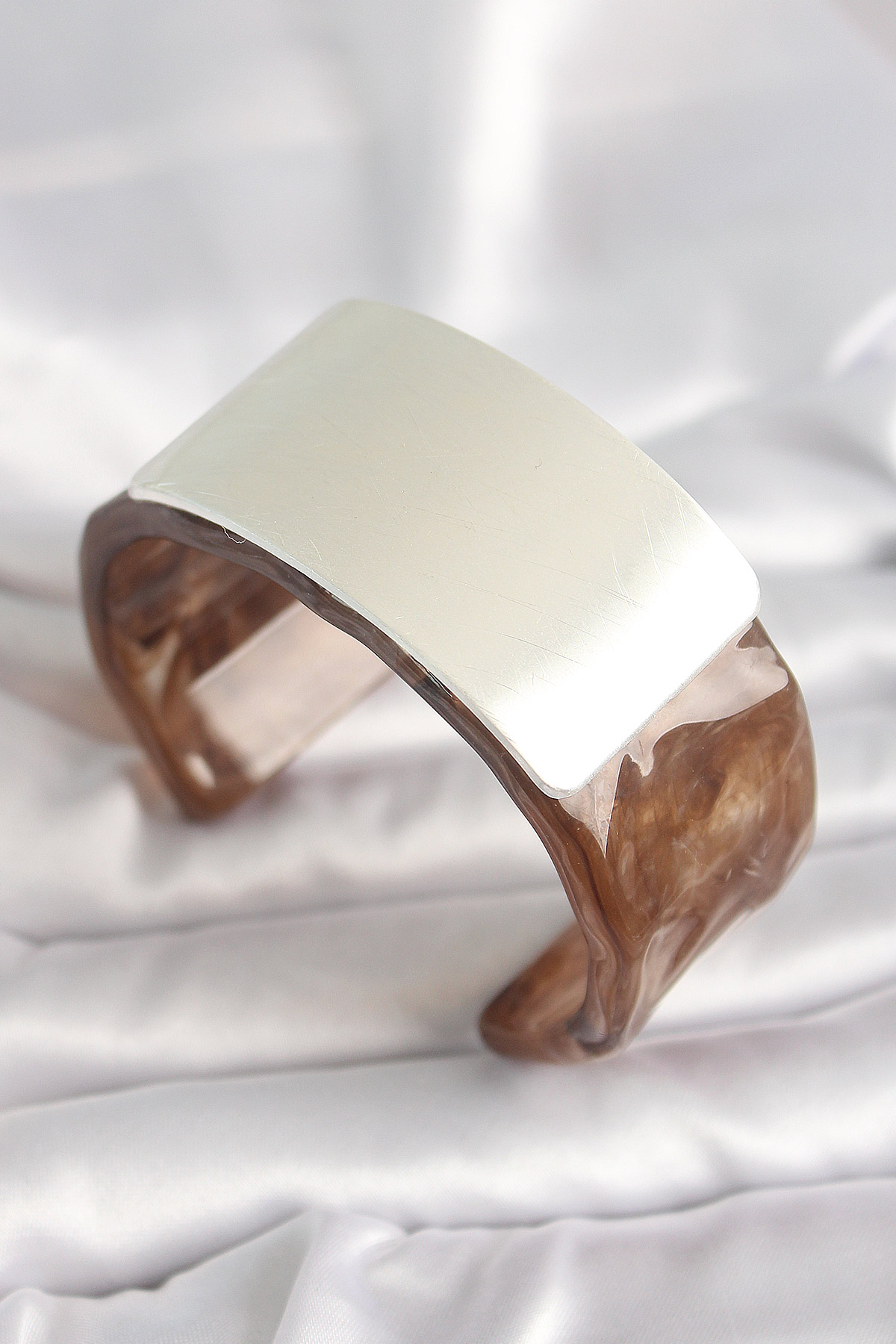 Kahverengi Mermer Desen Akrilik Plastik Gümüş Dikdörtgen Plaka Vintage Kadın Bilezik - Lisinya