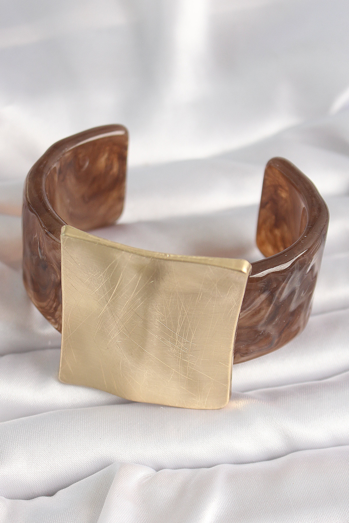 Kahverengi Mermer Desen Akrilik Plastik Gold Kare Plaka Model Vintage Kadın Bilezik - Lisinya