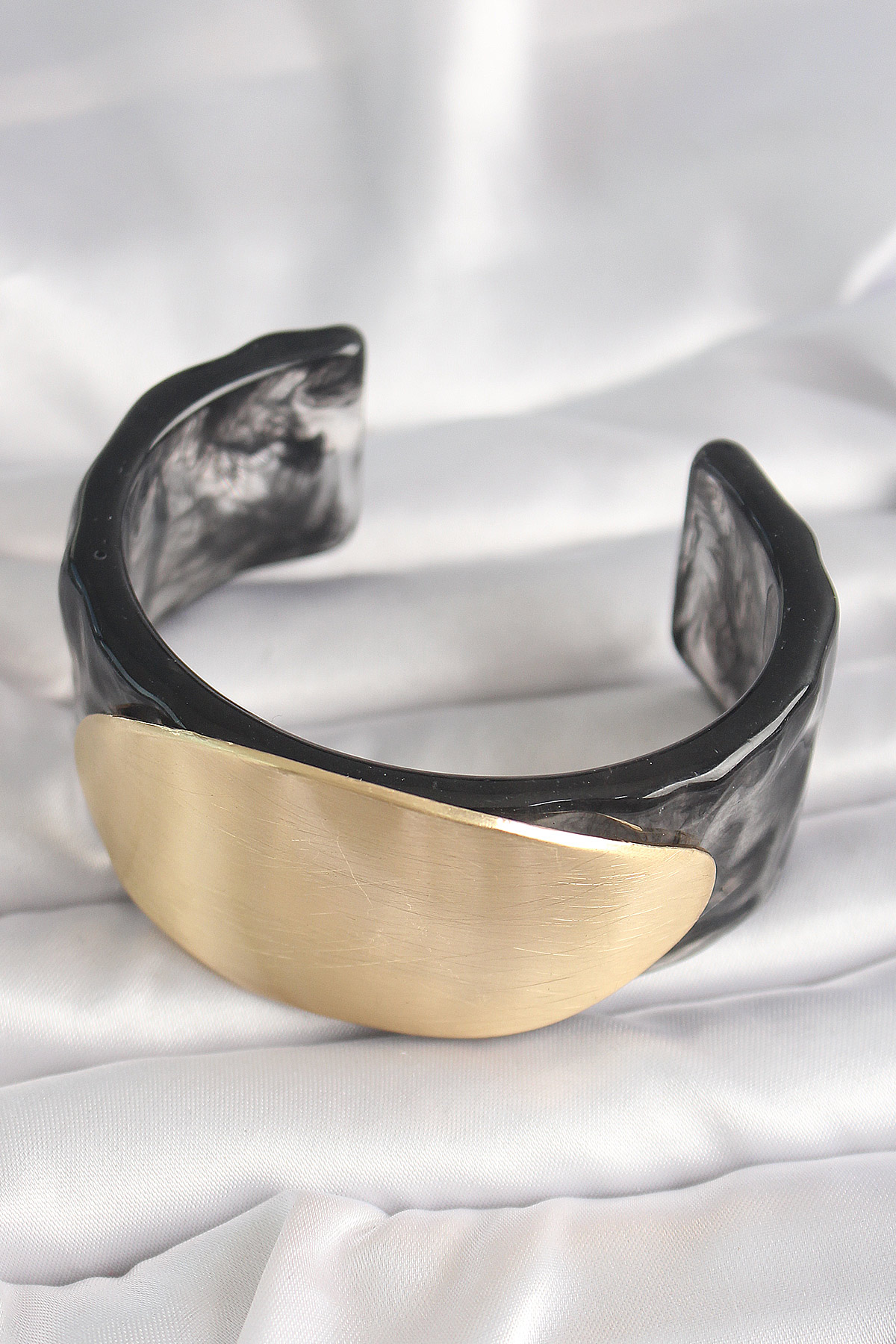 Siyah Mermer Desen Akrilik Plastik Gold Oval Plaka Model Vintage Kadın Bilezik - Lisinya