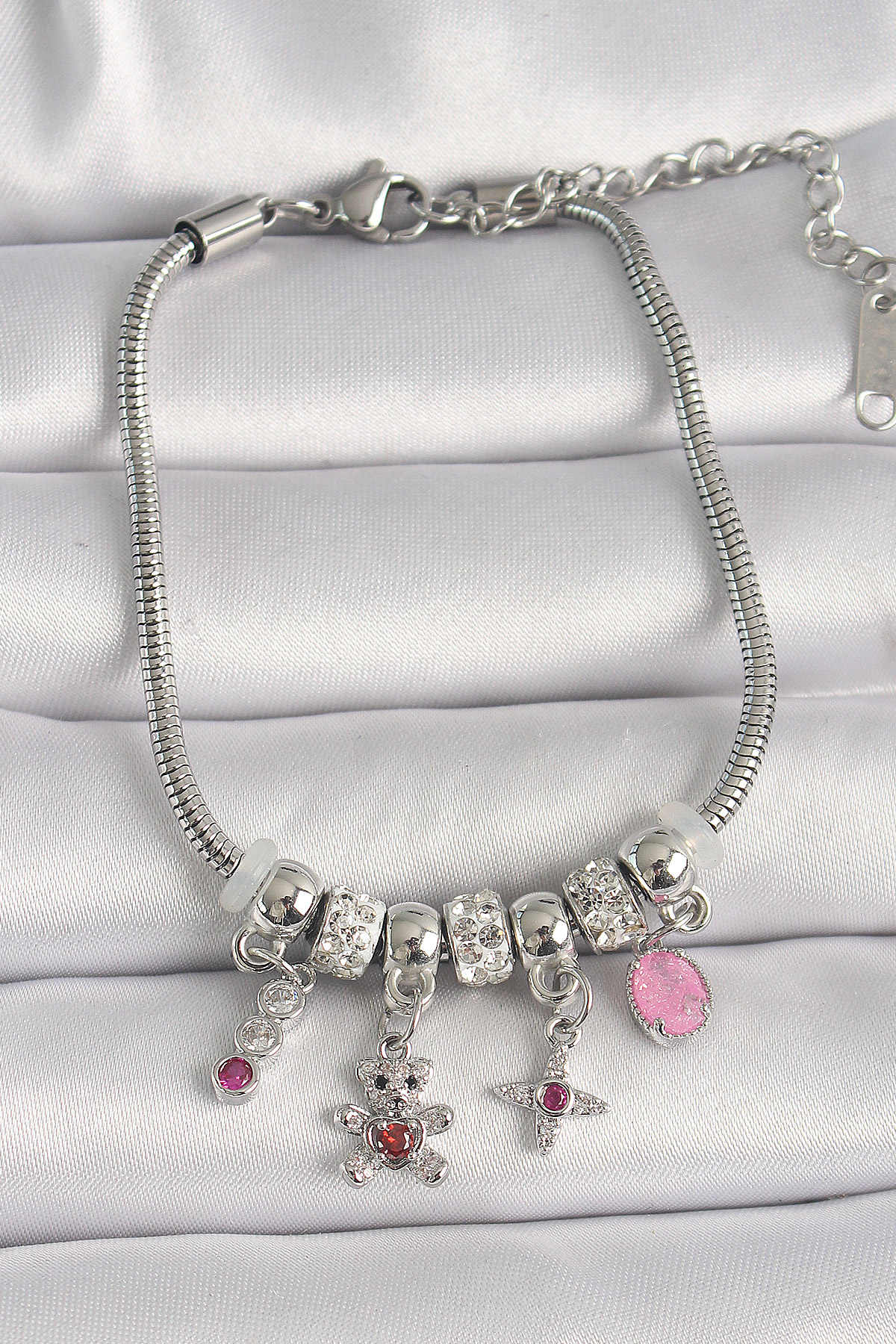 Pirinç Gümüş Renk Zincir Sallantı Zirkon Taşlı Ayıcık Figür Yıldız Detay Kadın Bileklik - Lisinya