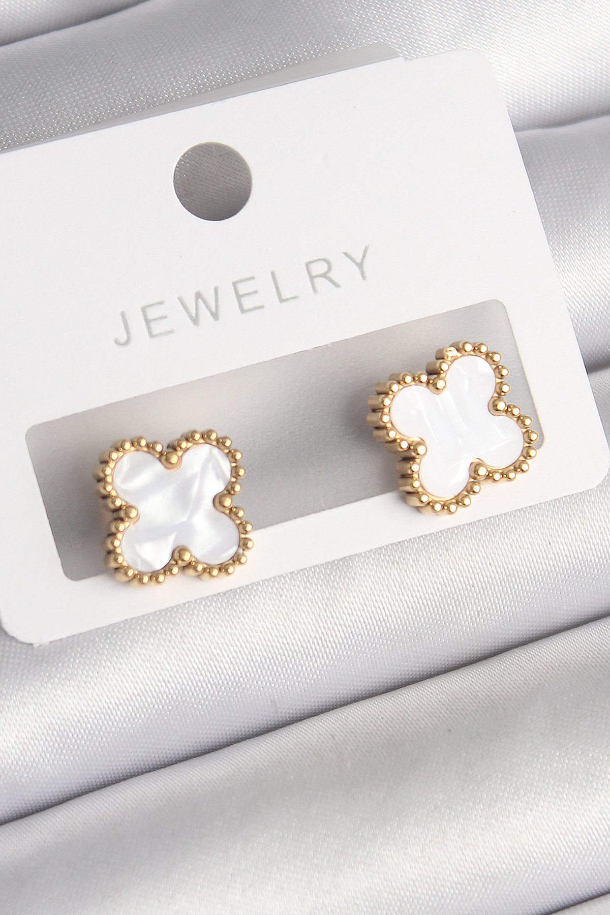 316L Çelik Gold Renk Beyaz Minelik Yonca Model Kadın Küpe - Lisinya