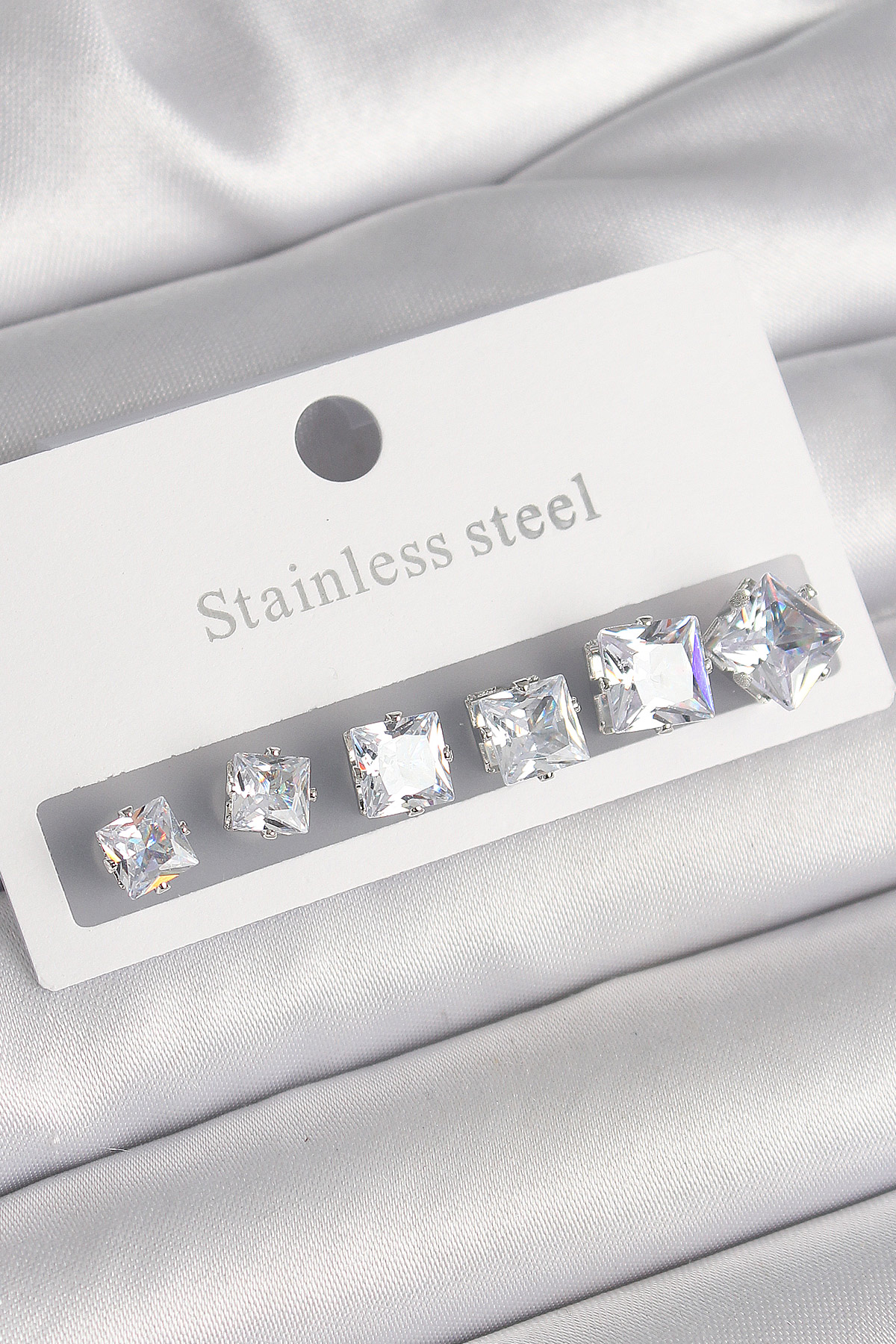 316L Çelik Gümüş Renk Kare Zirkon Taşlı Kadın Küpe Seti - Lisinya