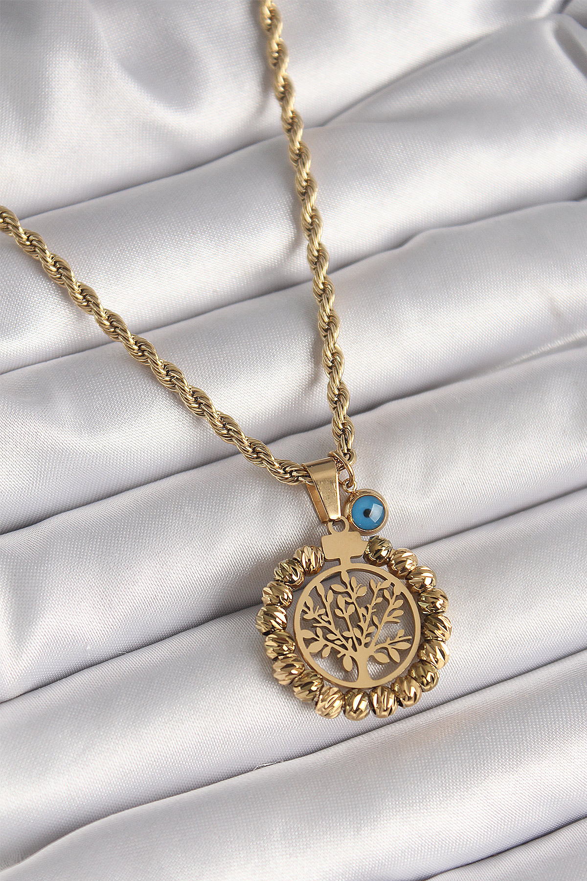 316L Çelik Gold Renk Burgu Zincir Dorika Yaşam Ağacı Figür Nazar Boncuk Detay Kadın Kolye - Lisinya