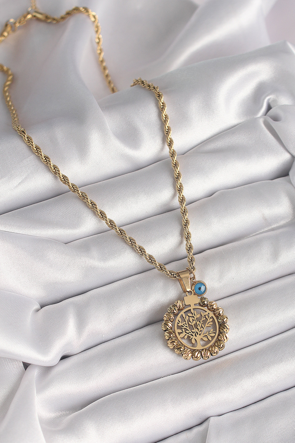 316L Çelik Gold Renk Burgu Zincir Dorika Yaşam Ağacı Figür Nazar Boncuk Detay Kadın Kolye - Lisinya