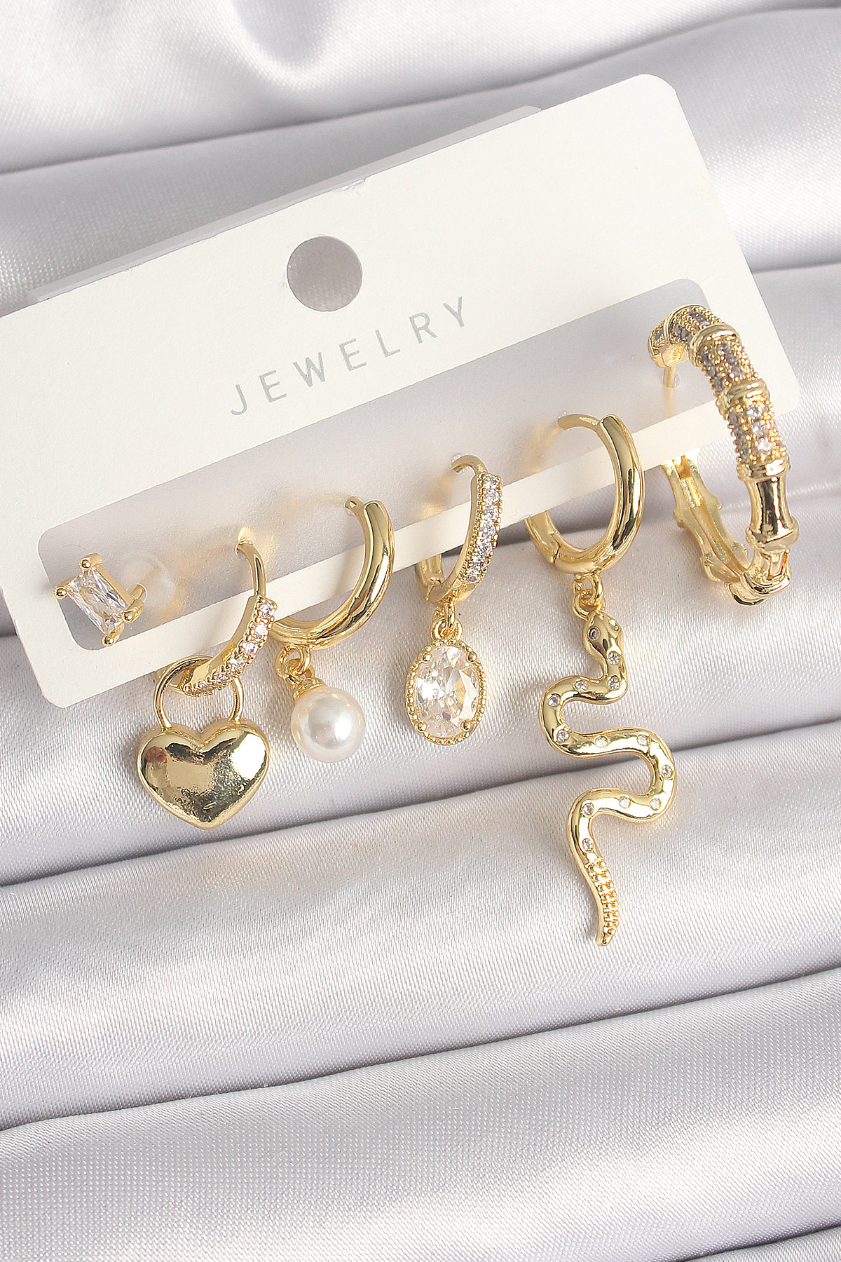 Pirinç Gold Renk Sallantı Yılan Model Zirkon Taşlı Halka Kilit Kalp Detay Kadın Küpe Seti - Lisinya Pirinç Gold Renk Sallantı Yılan Model Zirkon Taşlı Halka Kilit Kalp Detay Kadın Küpe Seti - Lisinya