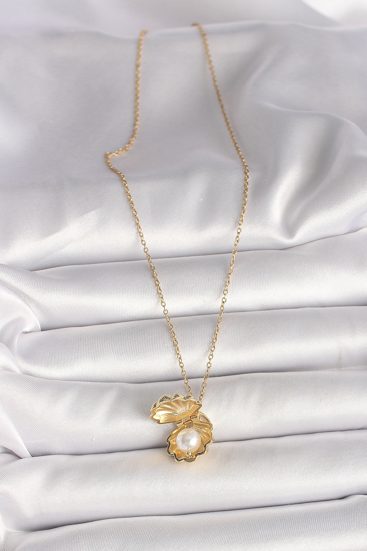 316L Çelik Gold Renk Zincir Açılır İncili Midye Model Kadın Kolye - Lisinya 316L Çelik Gold Renk Zincir Açılır İncili Midye Model Kadın Kolye - Lisinya