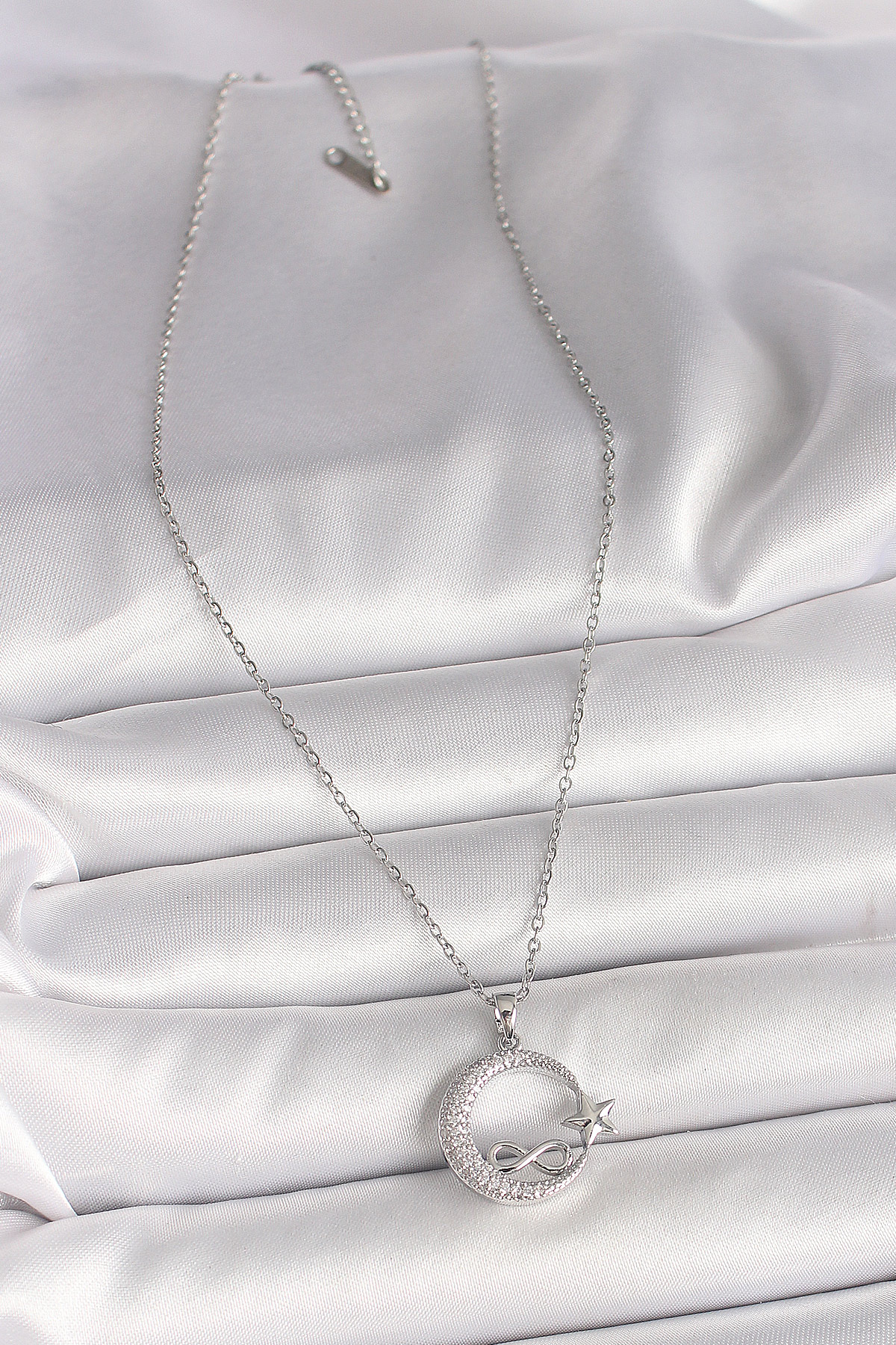 316L Çelik Gümüş Renk Zincir Zirkon Taşlı Ay Yıldız Model Sonsuzluk Detay Kadın Kolye - Lisinya